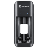 VARTA Cargador Pilas Recargables AA y AAA, Carga Hasta 2 Pilas Simultáneamente, Incluye 2 Pilas Recargables AAA de 800mAh, Tamaño Compacto Fácil de Llevar o Guardar