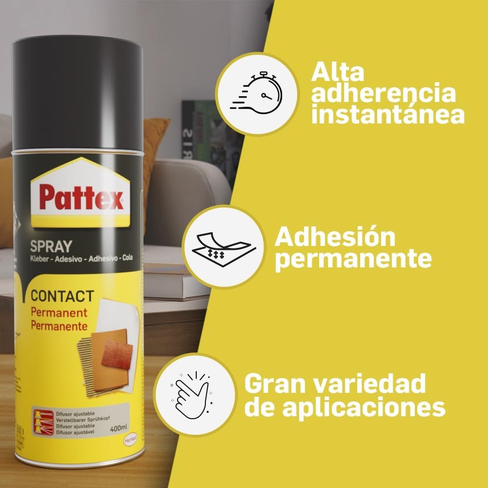 Pattex Contact Spray, Cola de Contacto Permanente, Pegamento Spray, Pegamento Fuerte para Trabajos de Bricolaje y Reparación, 400 ml