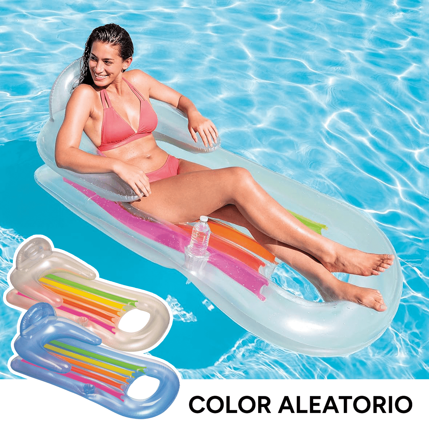 Colchoneta Inflable Piscina, Hamaca de Agua Flotante con Respaldo y Porta Bebidas, Hecha de Vinilo Ultra Resistente, Con 2 Cámaras de Aire para Mayor Seguridad, Incluye Parche para Reparar Pequeños Poros o Pinchazos, 100kg Peso Máximo, Color Aleatorio