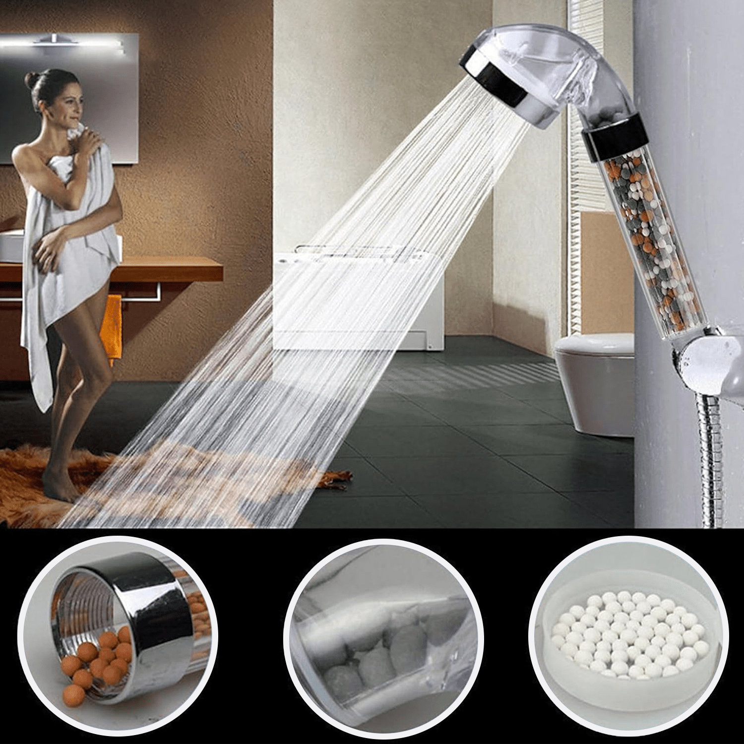 Cabezal Ducha Minerales, Ducha con Filtros Minerales, Calmante y Relajante, Suaviza la Piel, Calma el Malestar del Cuerpo, Filtra Impurezas, Mejora la Presión del Agua, Facil de Instalar