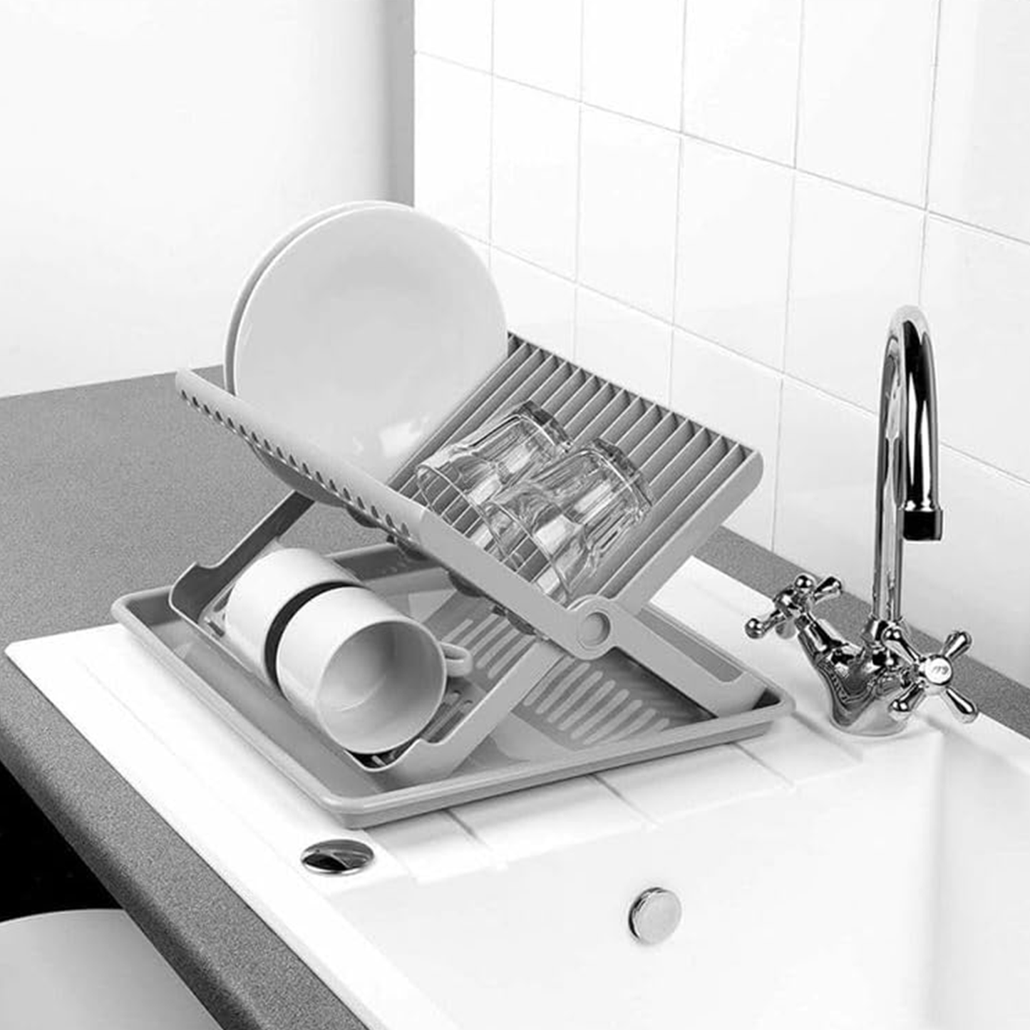Escurridor de Platos con Bandeja, Escurreplatos de Plástico Resistente para Cocina, Compacto, Gran capacidad, 37 x 33 x 21 cm