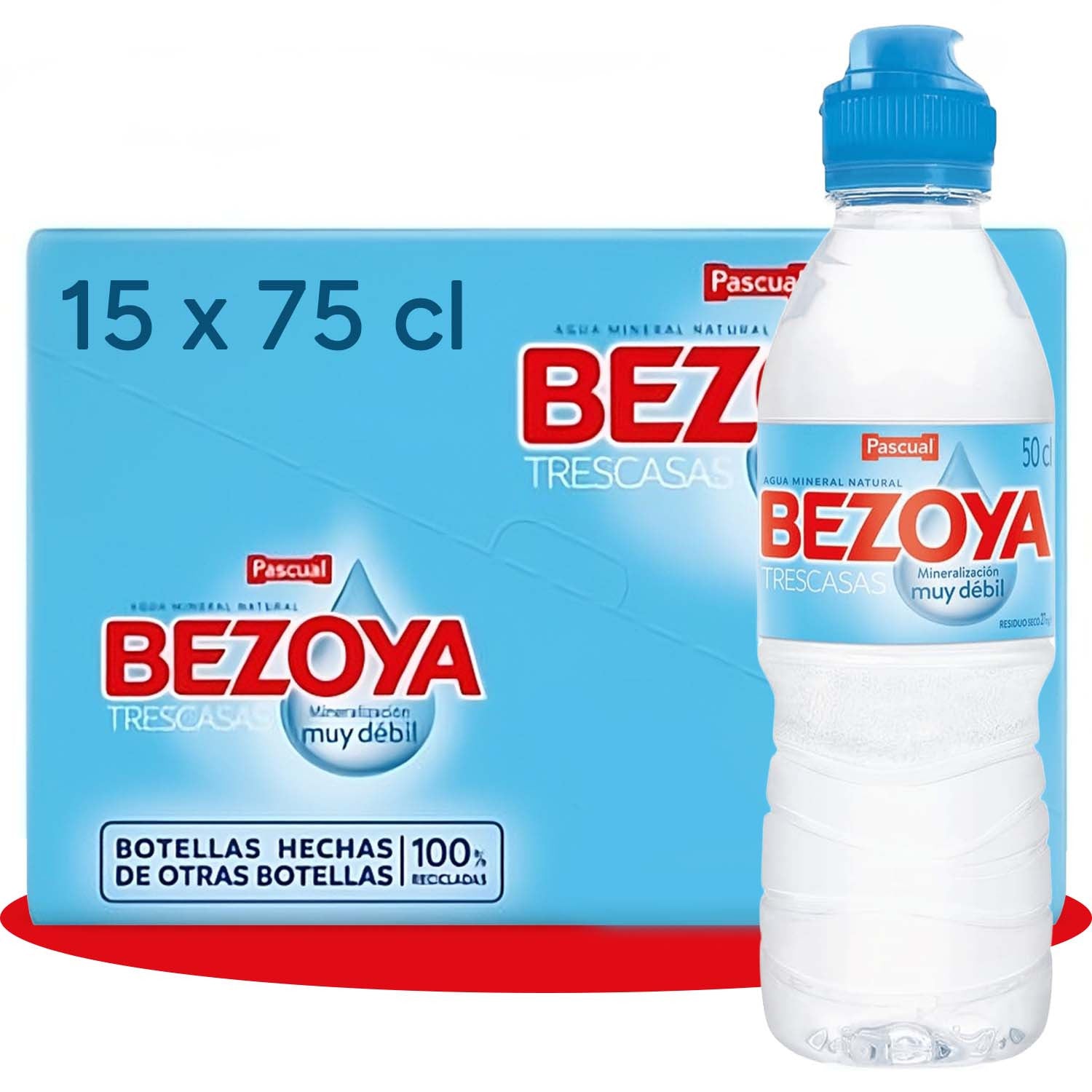 BEZOYA 15 Botellas 75cl de Agua Mineral Natural de Mineralización Muy Débil con Tapón Sport, Ideal para Deporte, Reuniones, Oficina y Casa, Caja con 15 Botellas