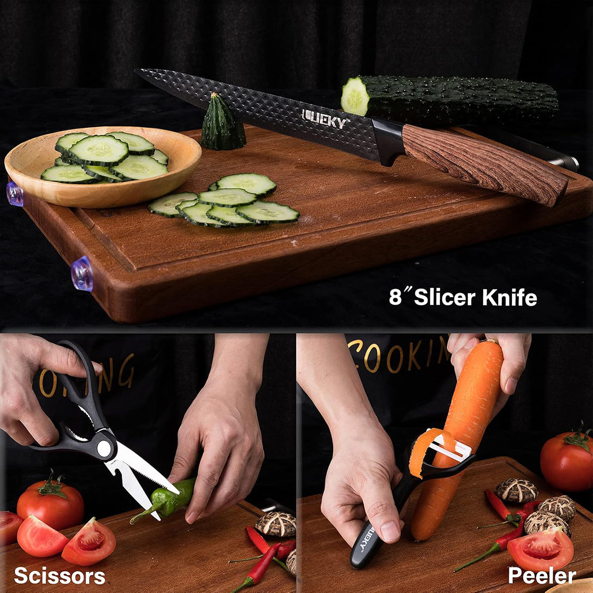 Juego de 6 Cuchillos de Cocina Profesionales, Cuchillos de Acero Inoxidable con Filo de alta Precisión, Excelente Durabilidad, Mango Ergonómico, Fácil de Limpiar, Ideal como Regalo, Incluye 4 Cuchillos, 1 Pelador y 1 Tijera
