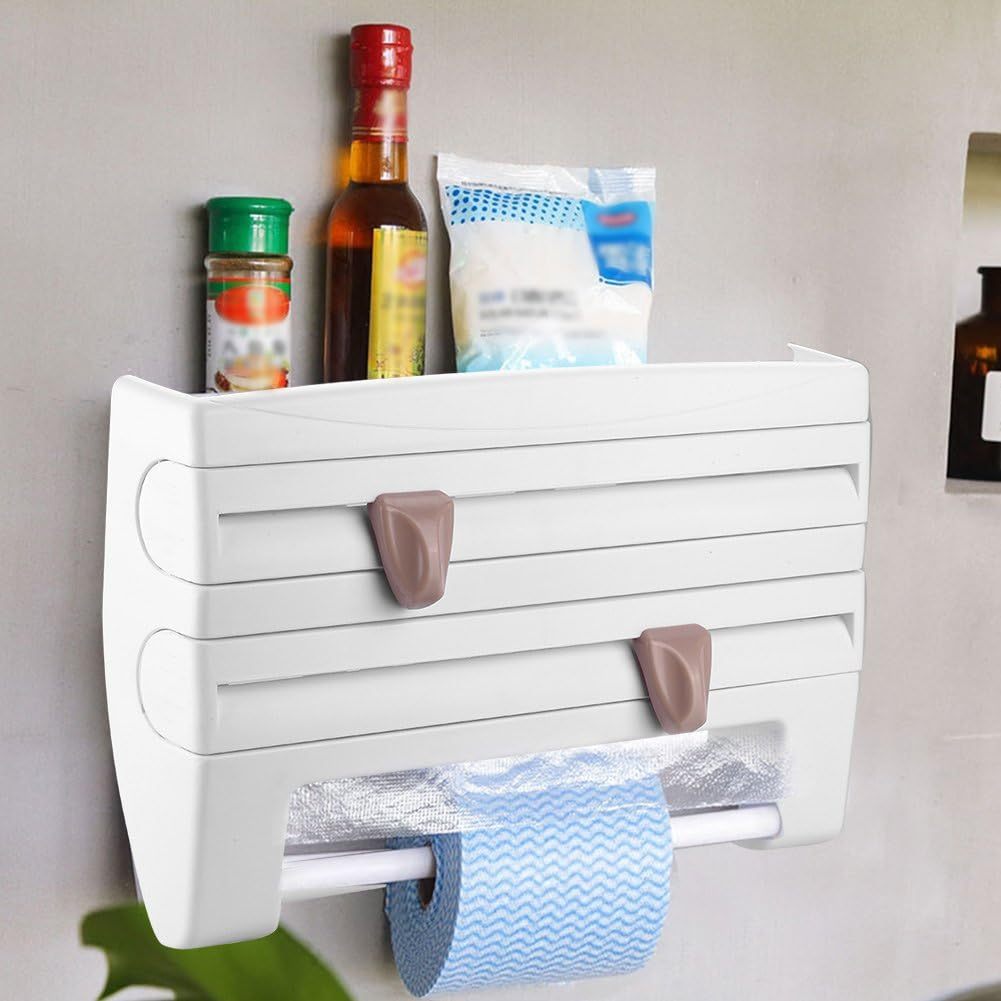 Portarrollos Papel Cocina, Estante de Almacenamiento de Cocina Montado en Pared, 2 Cortadores Incorporados, Dispensador de Plástico para Envolver, Dispensador de Papel de Aluminio, Soporte para Toallas de Papel, Soporte de Rollos de Cocina