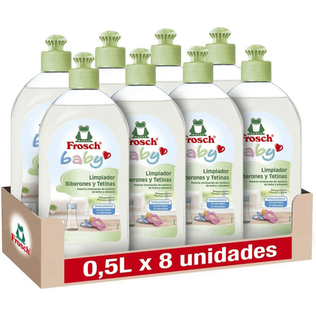 Frosch Limpiador de Biberones y Tetinas, Elimina Restos de Leche y Comida, Producto Hipoalergénico, Pack de 8 Unidades x 500 ml, 4L en Total