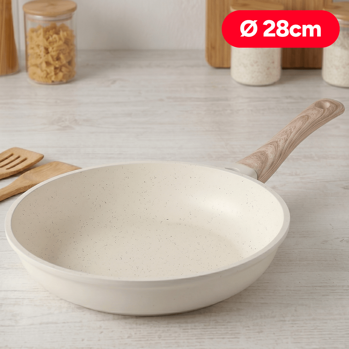 Sartenes Cocina Antiadherente, Sartenes de Aluminio de Alta Resistencia con Revestimiento Antiadherente efecto Mármol Blanco, Base de Inducción y Mangos de Baquelita Estilo Madera, Ø20/Ø24/Ø28cm