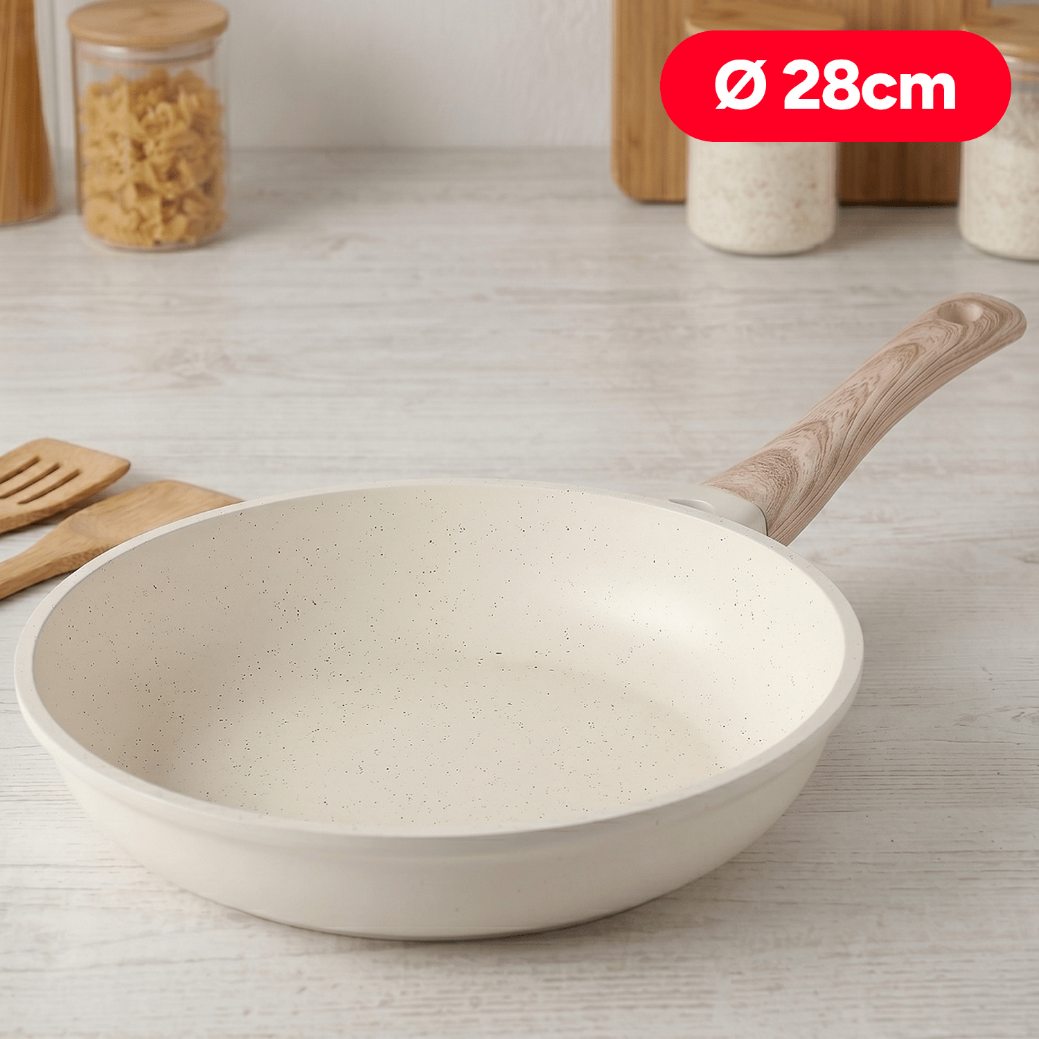 Sartenes Cocina Antiadherente, Sartenes de Aluminio de Alta Resistencia con Revestimiento Antiadherente efecto Mármol Blanco, Base de Inducción y Mangos de Baquelita Estilo Madera, Ø20/Ø24/Ø28cm