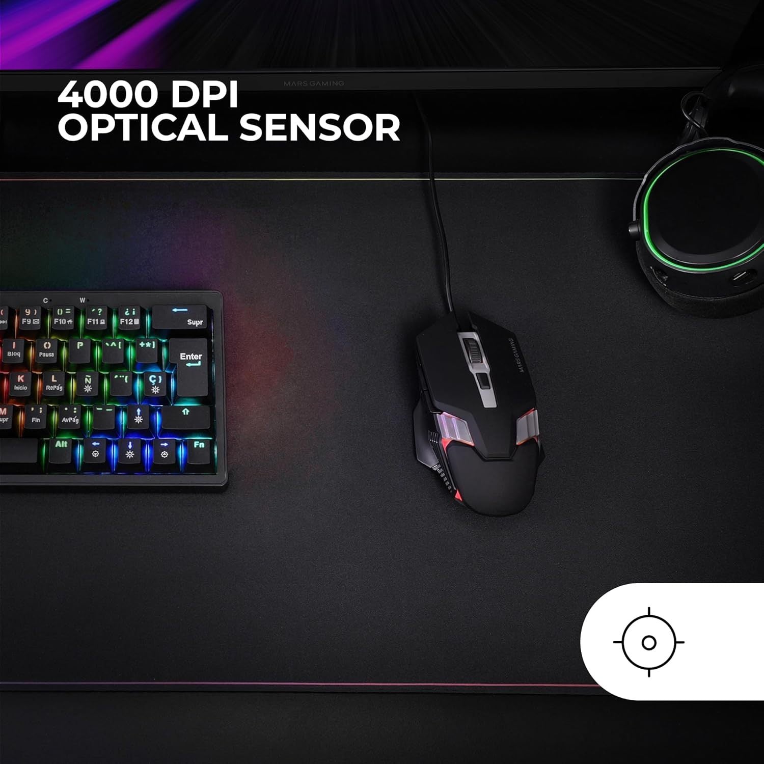 Mars Gaming MM024, Ratón Gaming RGB, Sensor Óptico 4000 dpi, Switches Mecánicos Huano, Iluminación RGB Flow, Ajuste On-The-Fly 1200/2400 / 3200/4000 dpi, Compatibilidad Multiplataforma, Negro