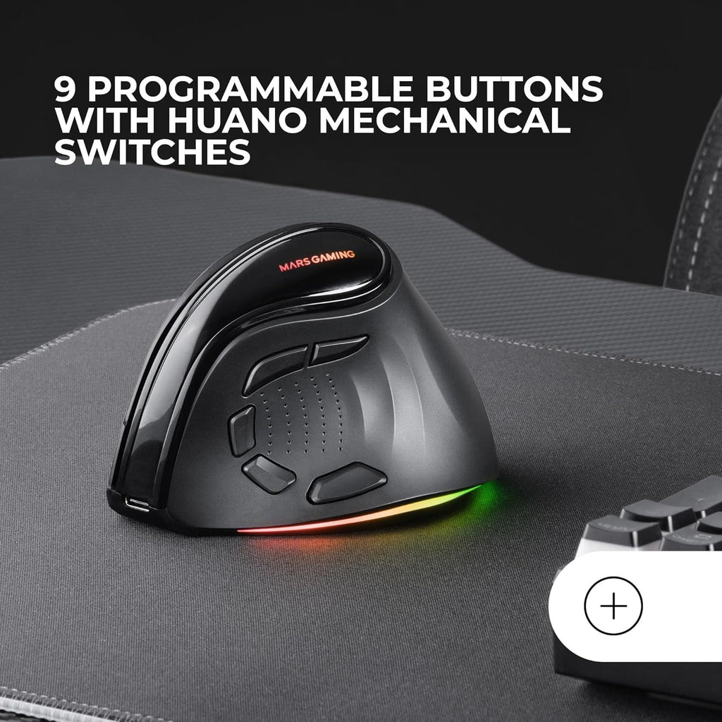 Mars Gaming MM-SK, Ratón Gaming Inalámbrico Vertical Tri-Mode Ergonómico, Iluminación RGB Chroma, Sensor Óptico Pixart 8400DPI, Switches Mecánicos Huano, 9 Botones Programables, Negro