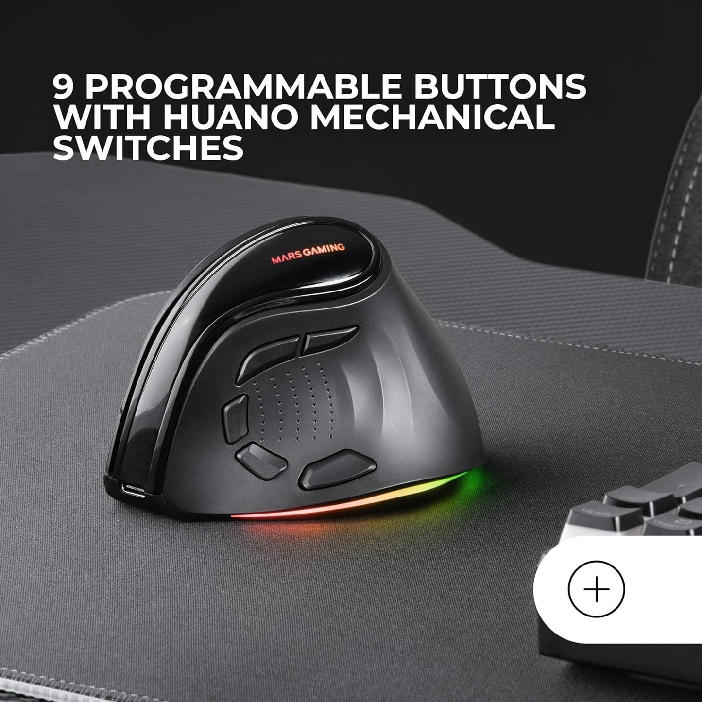 Mars Gaming MM-SK, Ratón Gaming Inalámbrico Vertical Tri-Mode Ergonómico, Iluminación RGB Chroma, Sensor Óptico Pixart 8400DPI, Switches Mecánicos Huano, 9 Botones Programables, Negro