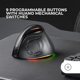 Mars Gaming MM-SK, Ratón Gaming Inalámbrico Vertical Tri-Mode Ergonómico, Iluminación RGB Chroma, Sensor Óptico Pixart 8400DPI, Switches Mecánicos Huano, 9 Botones Programables, Negro