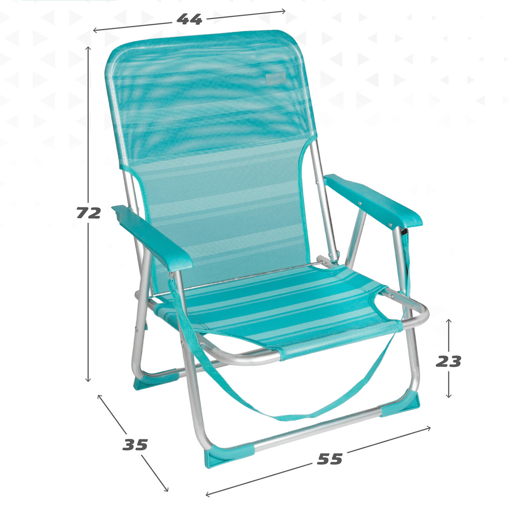 Silla Plegable Playa Reclinable y Resistente. Soporta hasta 100kg. Posición fija. Sistema Antivuelco. Ideal para Playa, Jardín, Terraza o Camping. 44x40x72cm
