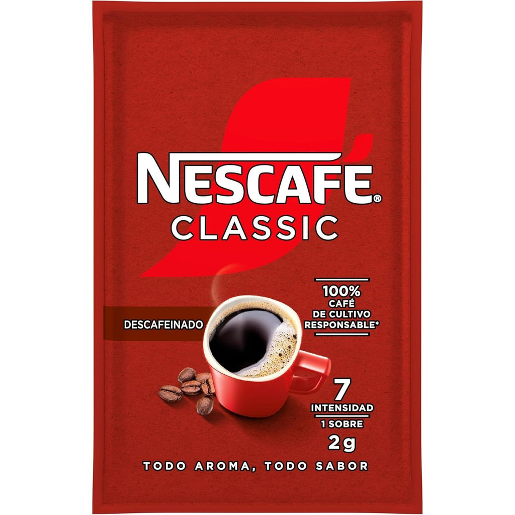 Nescafé Classic Descafeinado, Café Soluble Descafeinado en Sobre, 2g de Café por Sobre, Tueste Selecto, Intensidad 7, 60 Sobres