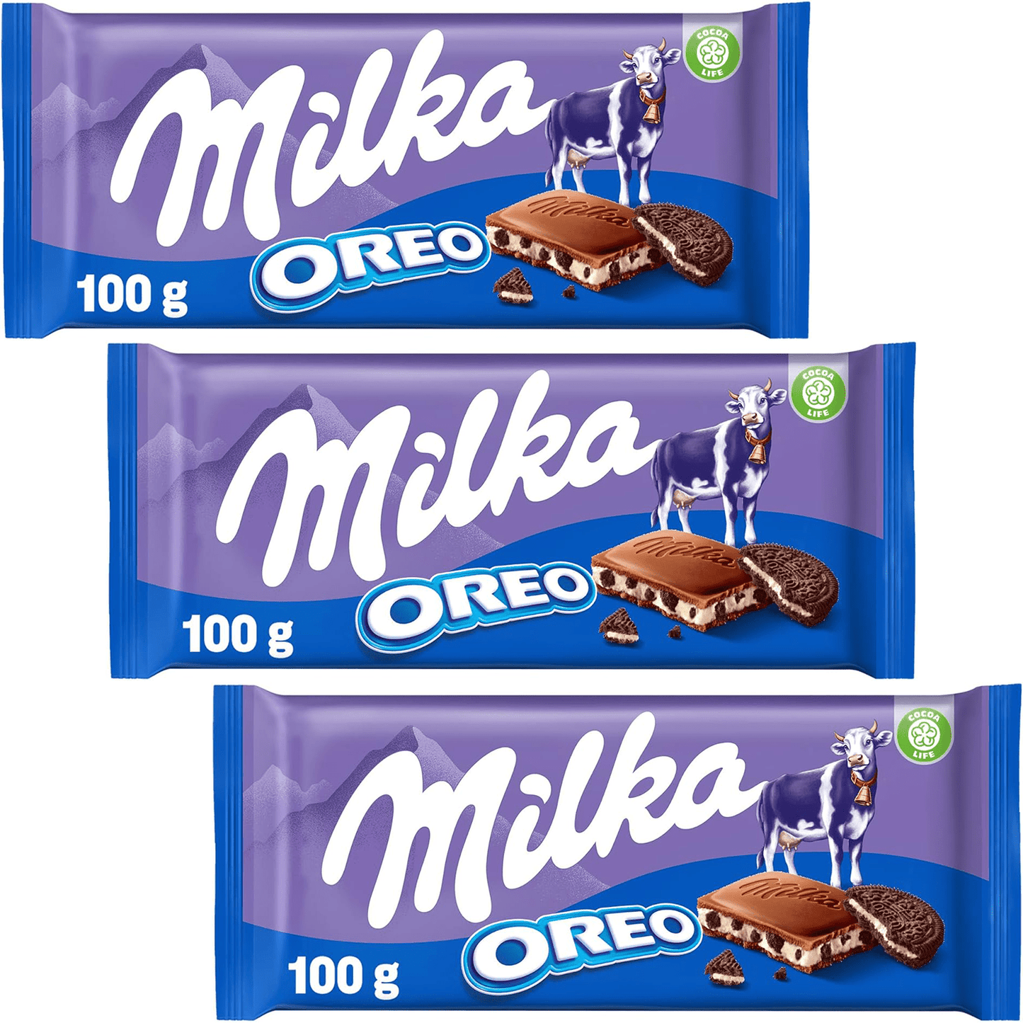 Milka Oreo 3 Tabletas de Chocolate con Leche de los Alpes y Trozos de Galleta Oreo, Pack Ahorro de 3 Tabletas de 100g