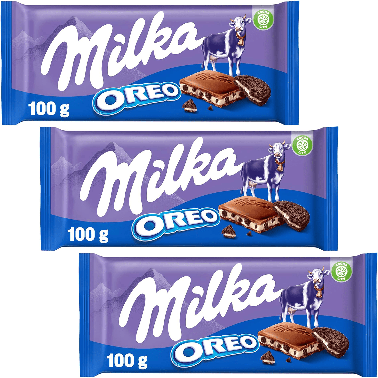 Milka Oreo 3 Tabletas de Chocolate con Leche de los Alpes y Trozos de Galleta Oreo, Pack Ahorro de 3 Tabletas de 100g
