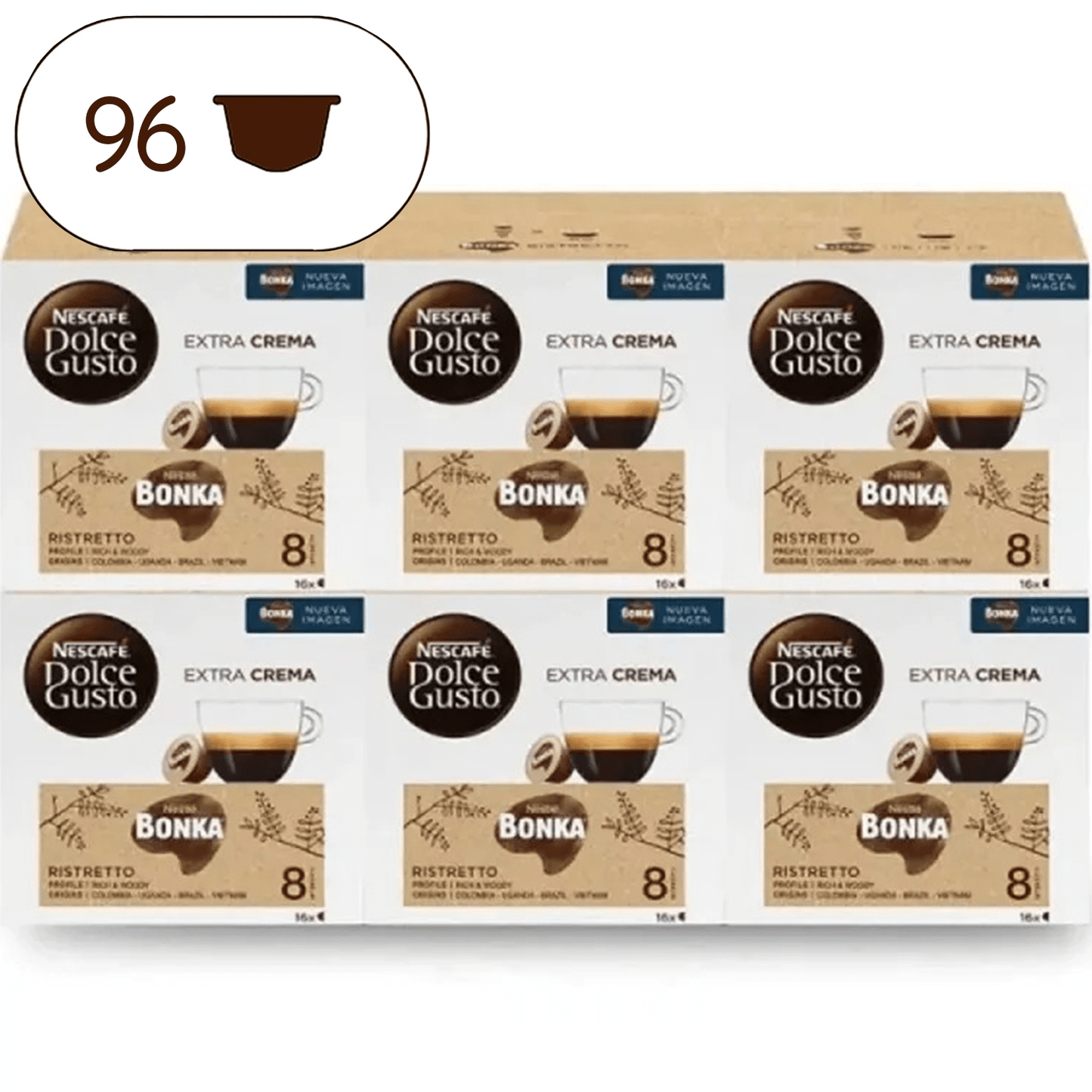 Nescafé Dolce Gusto Bonka Ristretto Cápsulas de Café Espresso Intenso con Notas a Madera, Intensidad 8, Café Arábica y Robusta, 96 Cápsulas