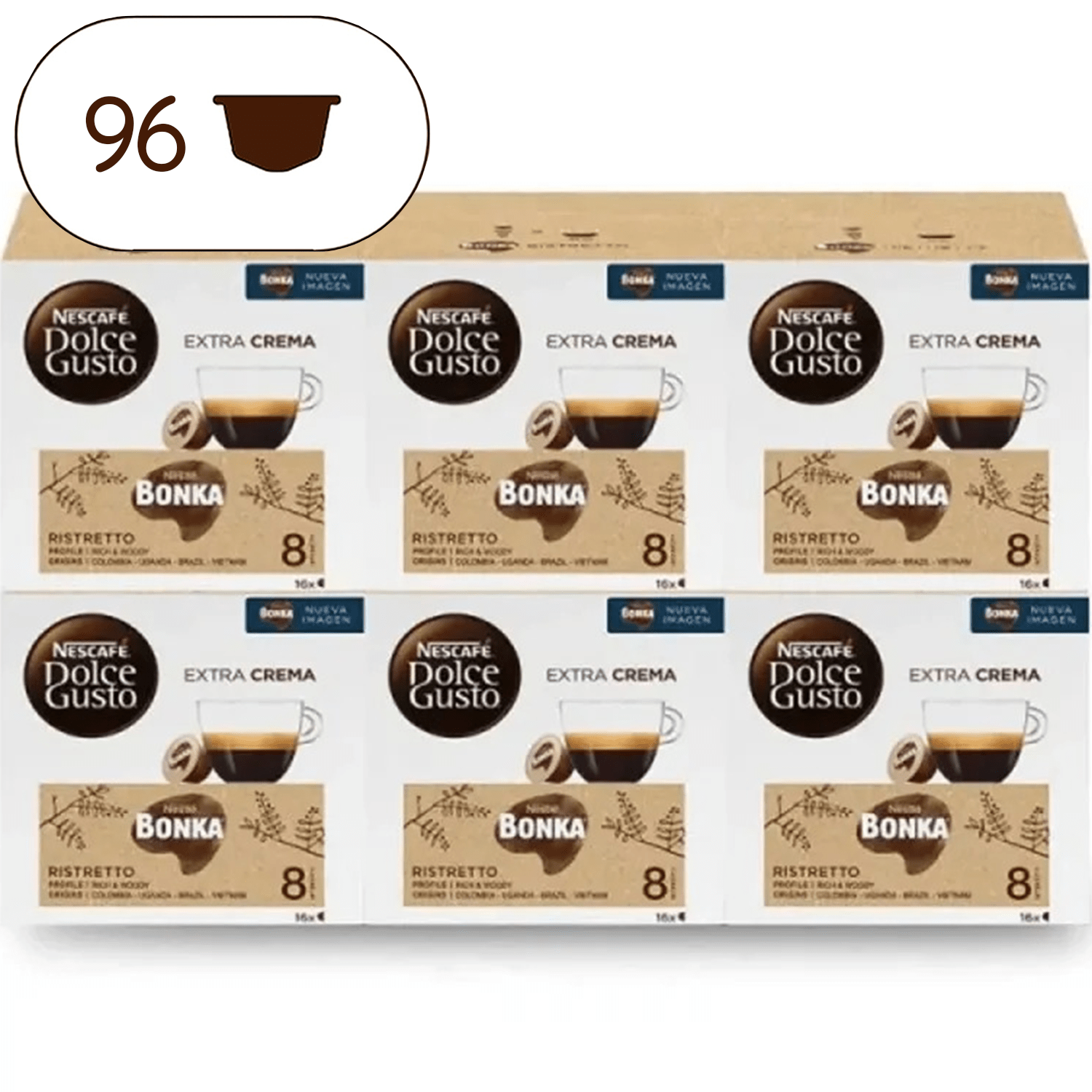 Nescafé Dolce Gusto Bonka Ristretto Cápsulas de Café Espresso Intenso con Notas a Madera, Intensidad 8, Café Arábica y Robusta, 96 Cápsulas