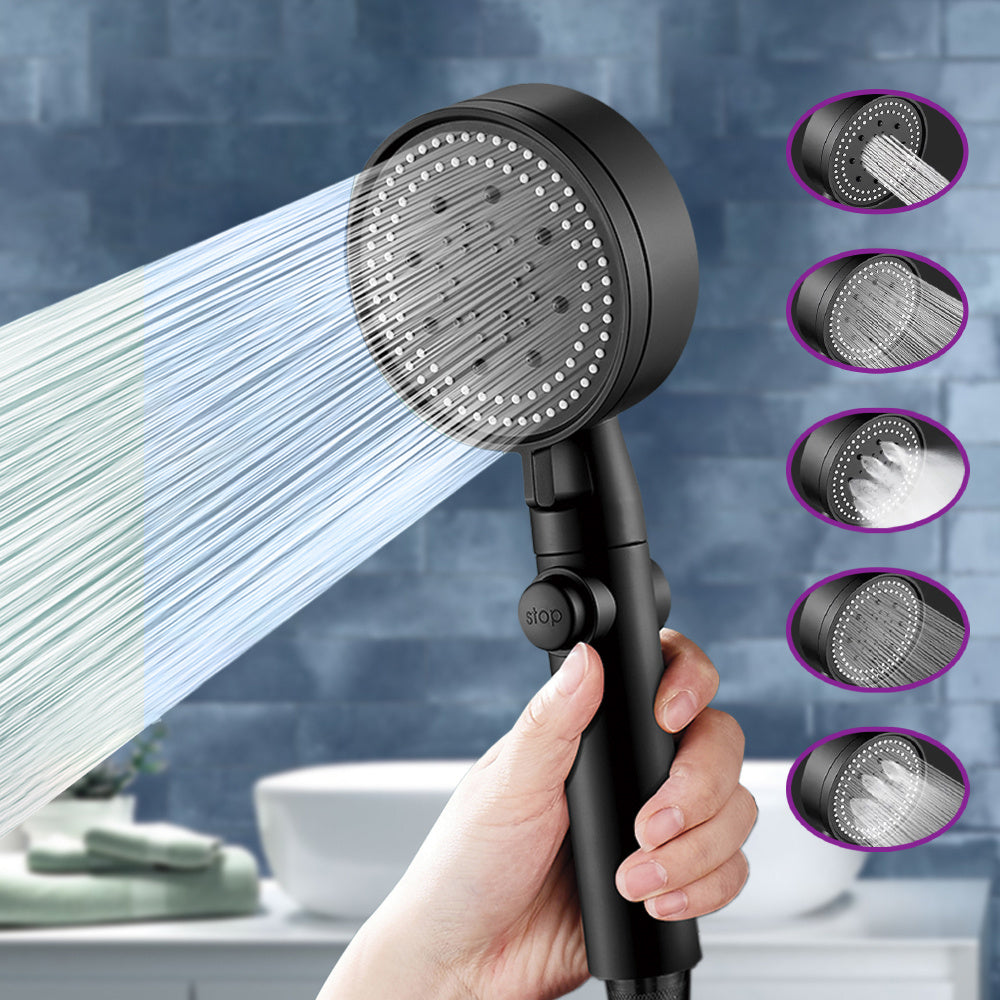Cabezal de Ducha Alta Presión Universal, 5 Ajustes de Chorro, Modo Ahorro con Botón Stop, Fácil de Instalar para Baño