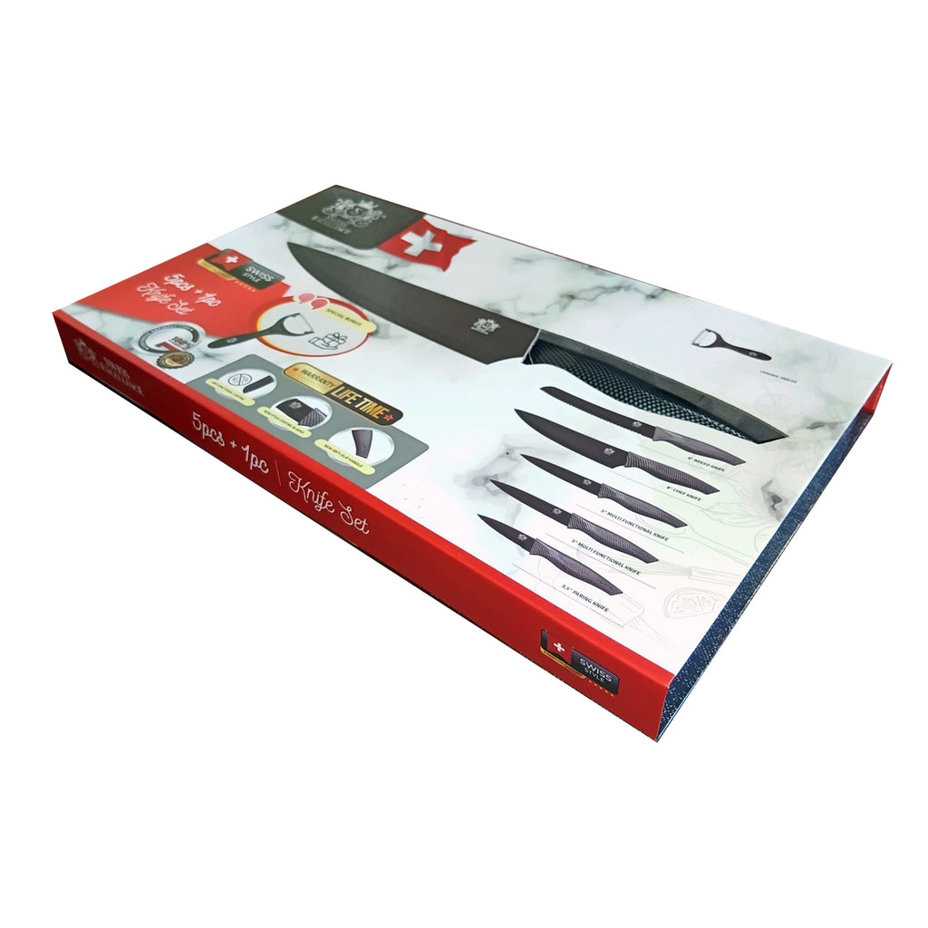 Juego de 6 Cuchillos de Cocina Profesionales, Cuchillos de Acero Inoxidable con Revestimiento y Filo de Alta Precisión, Excelente Durabilidad, Mango Ergonómico, Fácil de Limpiar, Ideal como Regalo, Incluye 5 Cuchillos y 1 Pelador