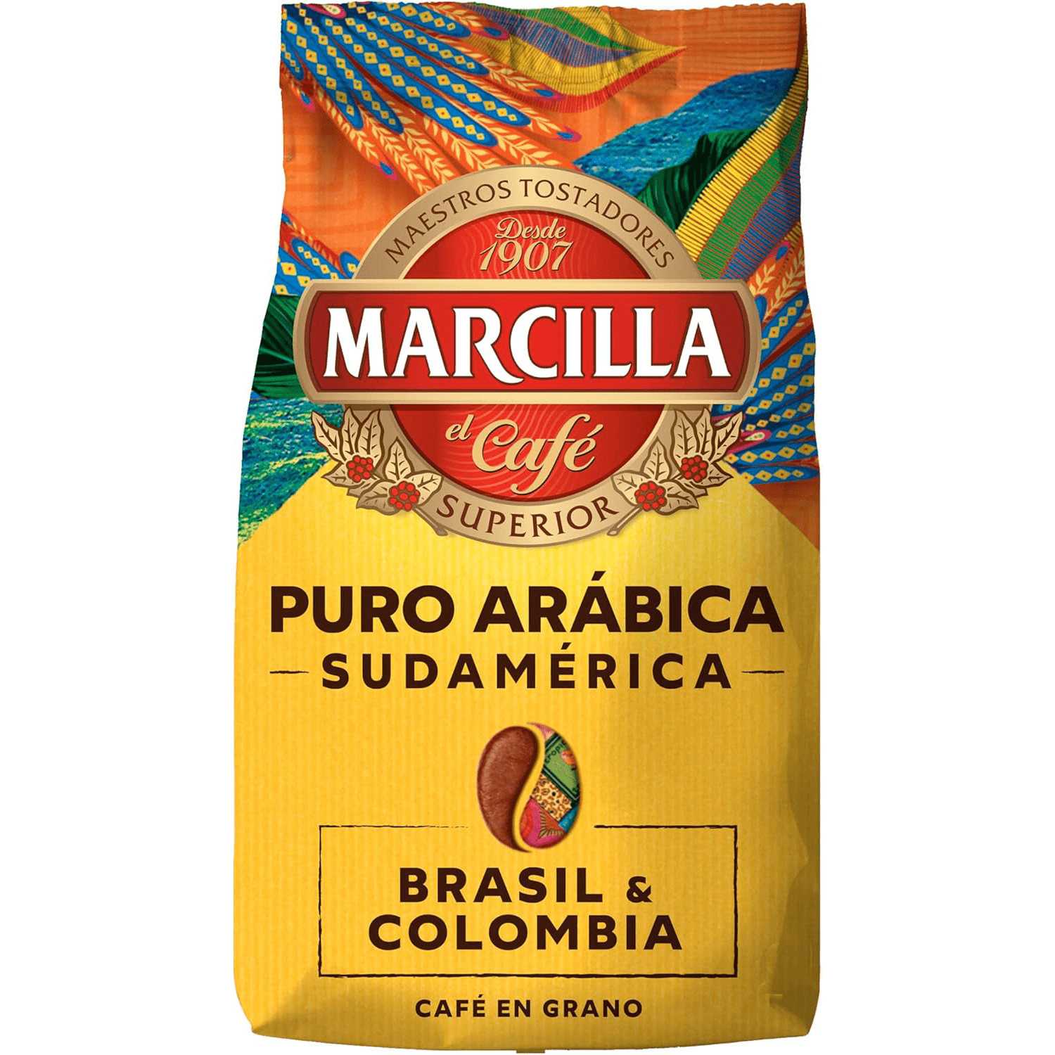 Marcilla Café Grano Puro Arábica Sudamérica Brasil & Colombia, Intensidad y Tostado Medio, Gran Aroma, Dulce, Vibrante y con Notas a Caramelo, Café en Grano Listo para ser Molido, 400g x 2 (800g)