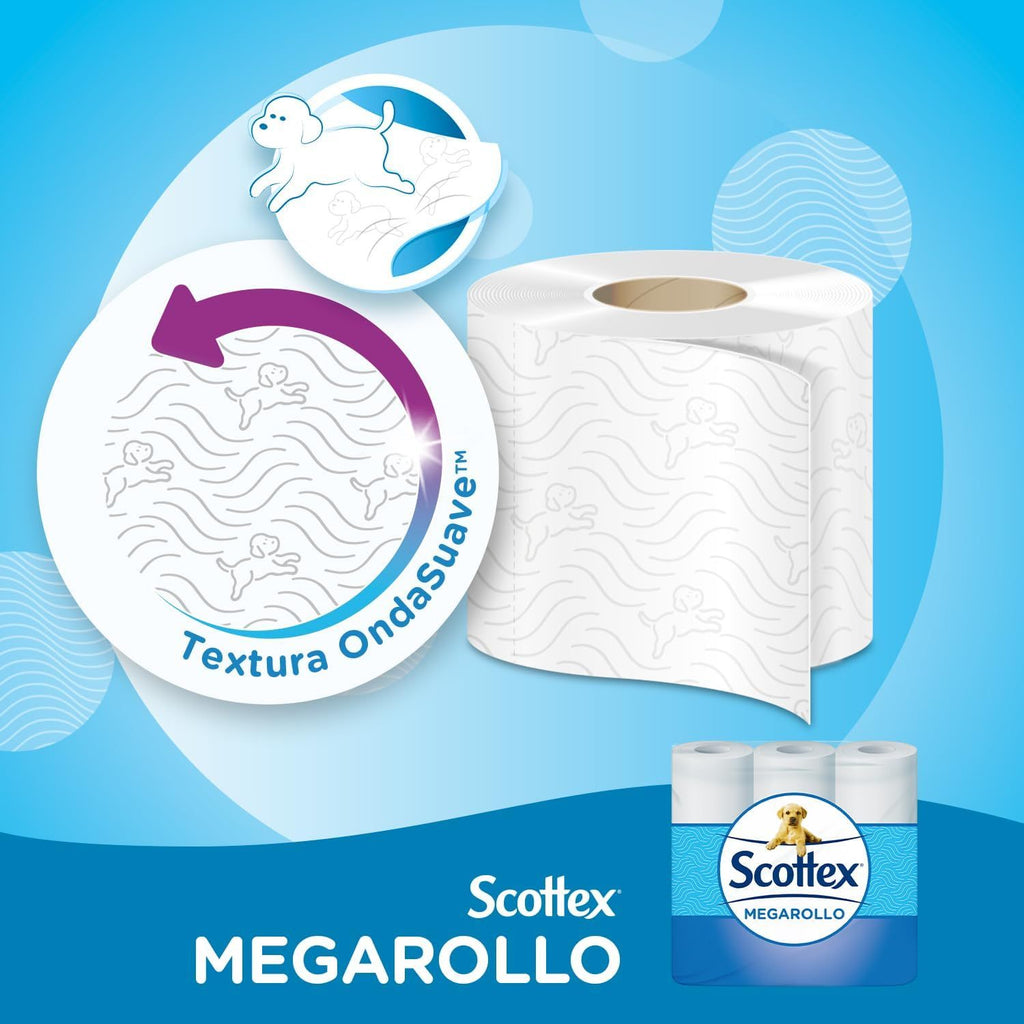 Scottex Papel Higiénico Megarollo, Doble de Cantidad de Papel por cada Rollo, Ahorra más en Cada Uso, 1 Megarollo Equivale a 2 Rollos Estándar