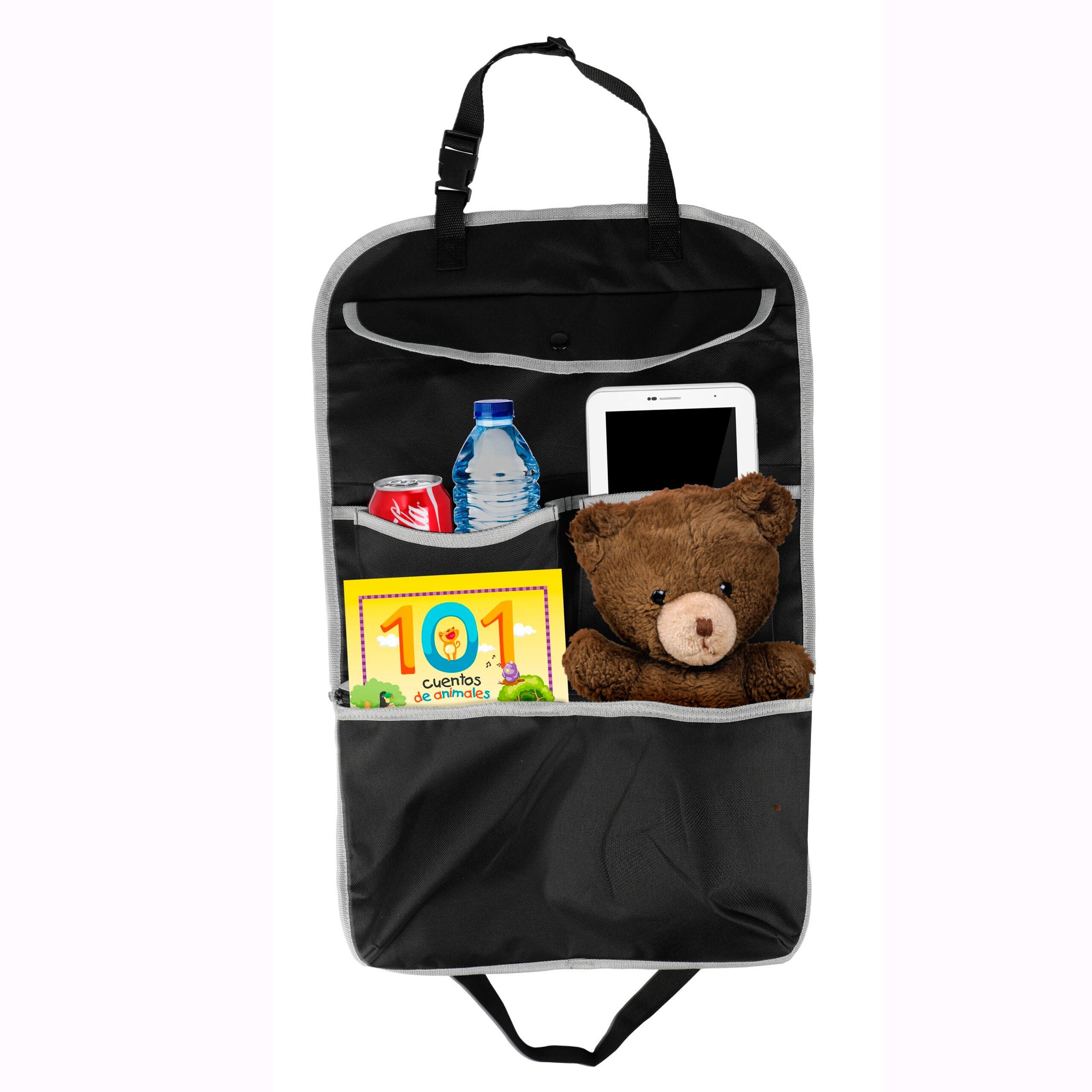 Organizador Asiento Coche, Correa Ajustable para Fácil Instalación, Ideal para Viajes Largos, 2 Compartimentos de Bolsillo: Compartimento Grande con Cremallera, Compartimento Grande con Botón de Cierre. 65 x 41 cm