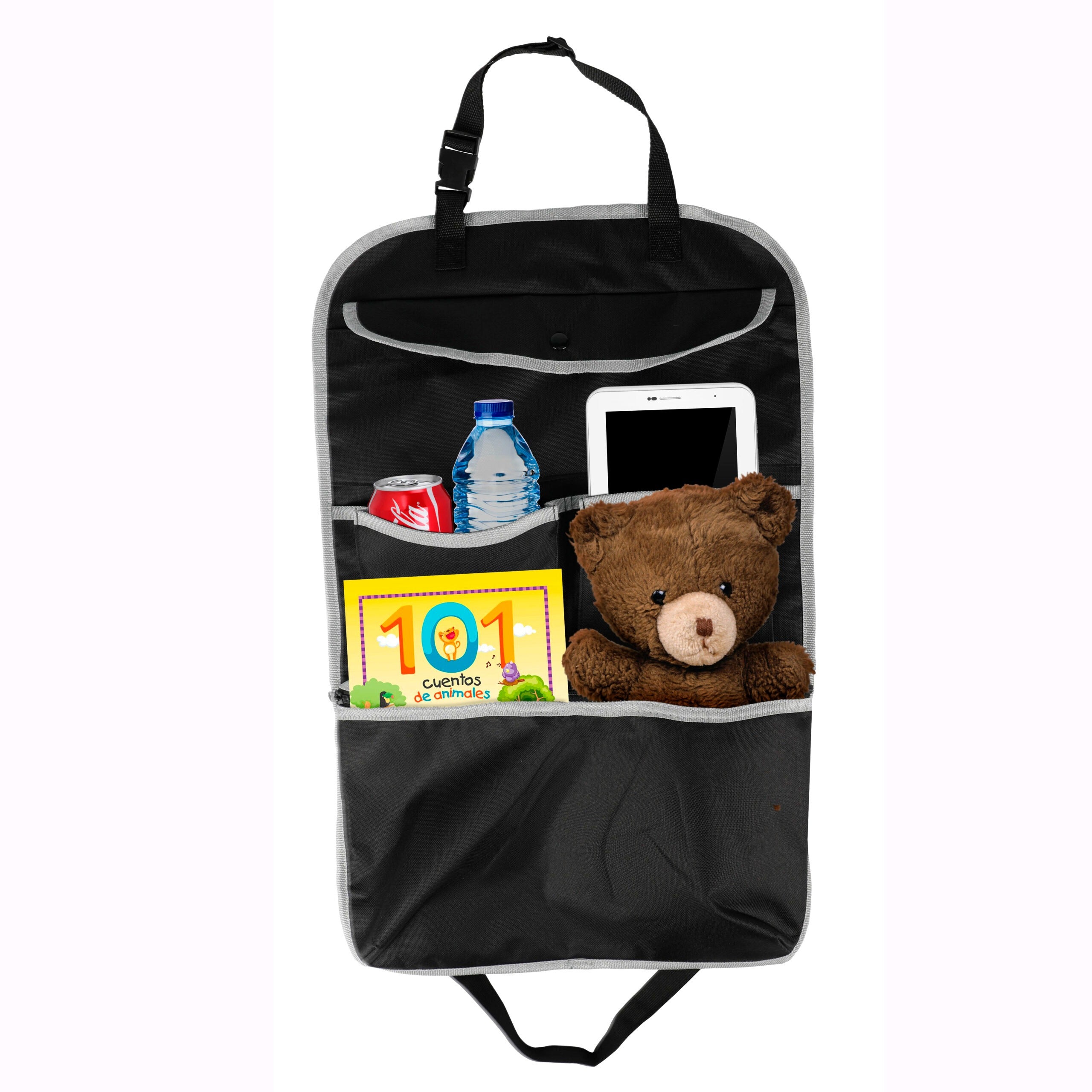 Organizador Asiento Coche, Correa Ajustable para Fácil Instalación, Ideal para Viajes Largos, 2 Compartimentos de Bolsillo: Compartimento Grande con Cremallera, Compartimento Grande con Botón de Cierre. 65 x 41 cm
