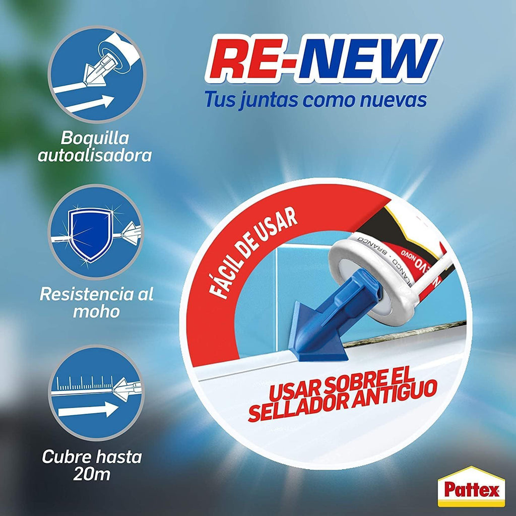 Pattex RE-NEW, Silicona Blanca para Baños, Blanqueador de Juntas, Sellador Universal Impermeable con Triple Resistencia, 280ml