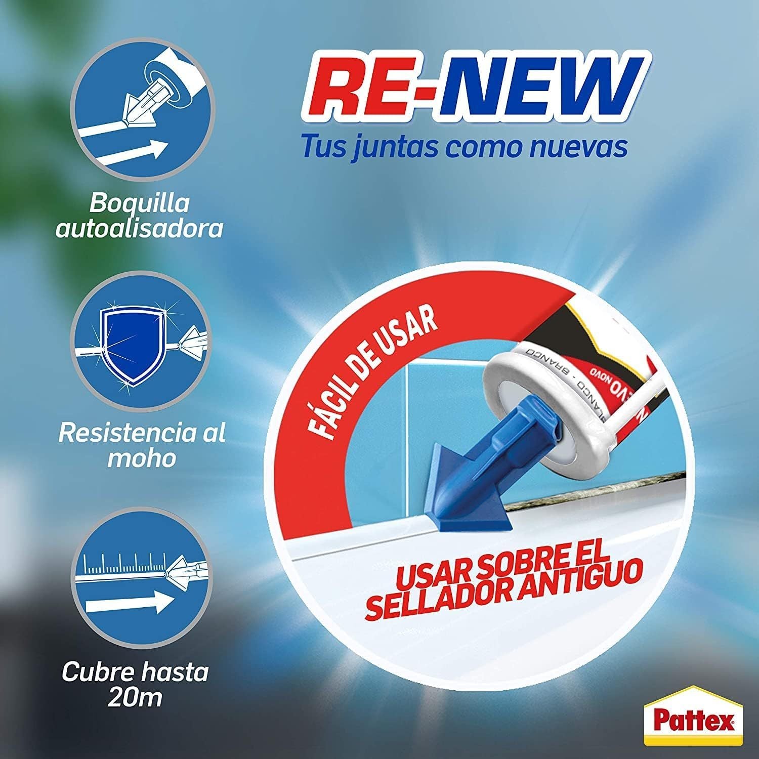 Pattex RE-NEW, Silicona Blanca para Baños, Blanqueador de Juntas, Sellador Universal Impermeable con Triple Resistencia, 280ml