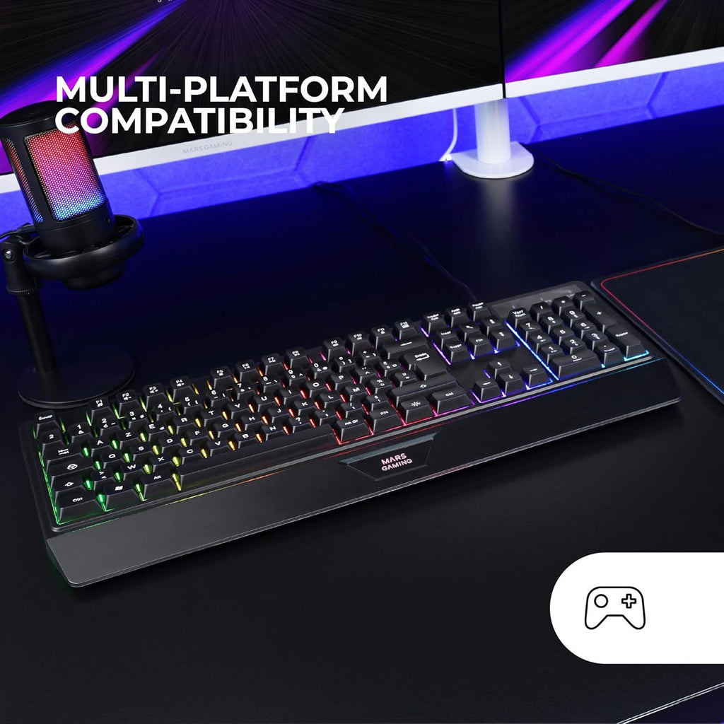 Mars Gaming MK124, Teclado Ergonómico H-Mech, Reposamuñecas Integrado, Iluminación FRGB Rainbow, Teclado Gaming Antighosting Avanzado, Teclado PC Completo Multiplataforma, Idioma Español, Negro