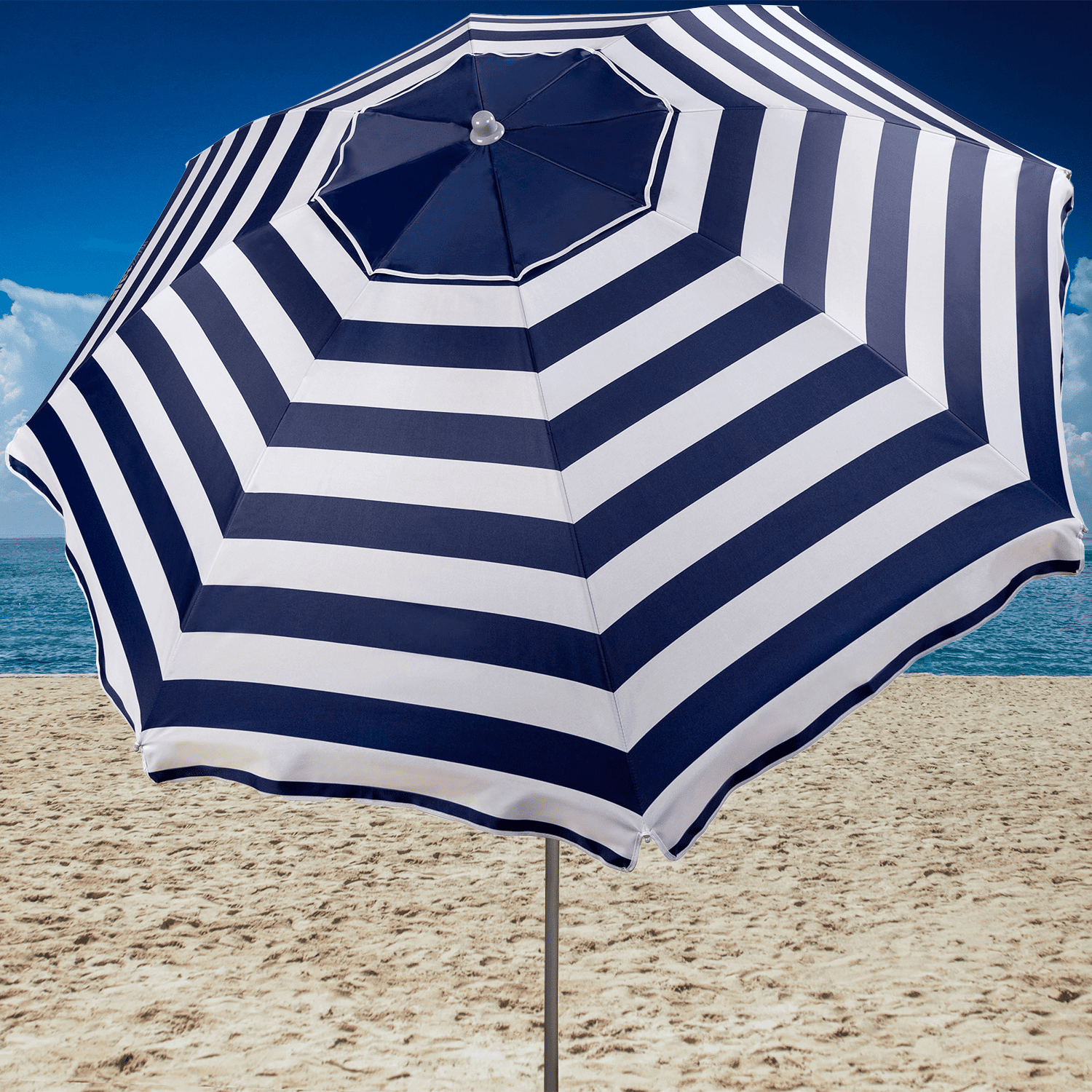 Sombrilla Playa Grande, 200cm / 220cm, Inclinable, Protección UV 50, Hecha de Aluminio y Tela Oxford con Revestimiento, Forma Única para Favorecer la Ventilación, 8 Varillas Resistentes y Flexibles, Ancho Tubo 28/32mm
