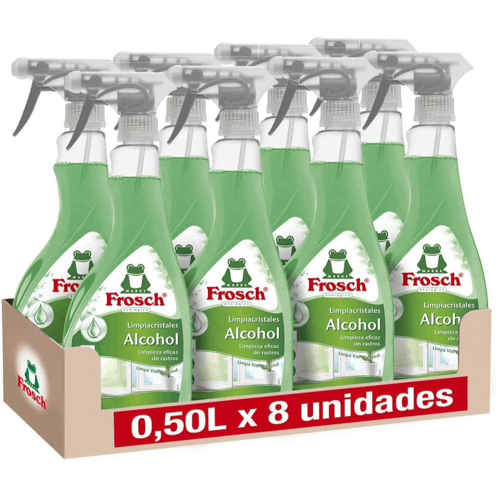Frosch Limpia Cristales, Limpieza Eficaz de Cristales y Superficies Lisas, Sin Rastros, Pack de 8 Unidades x 500 ml, 4L en Total