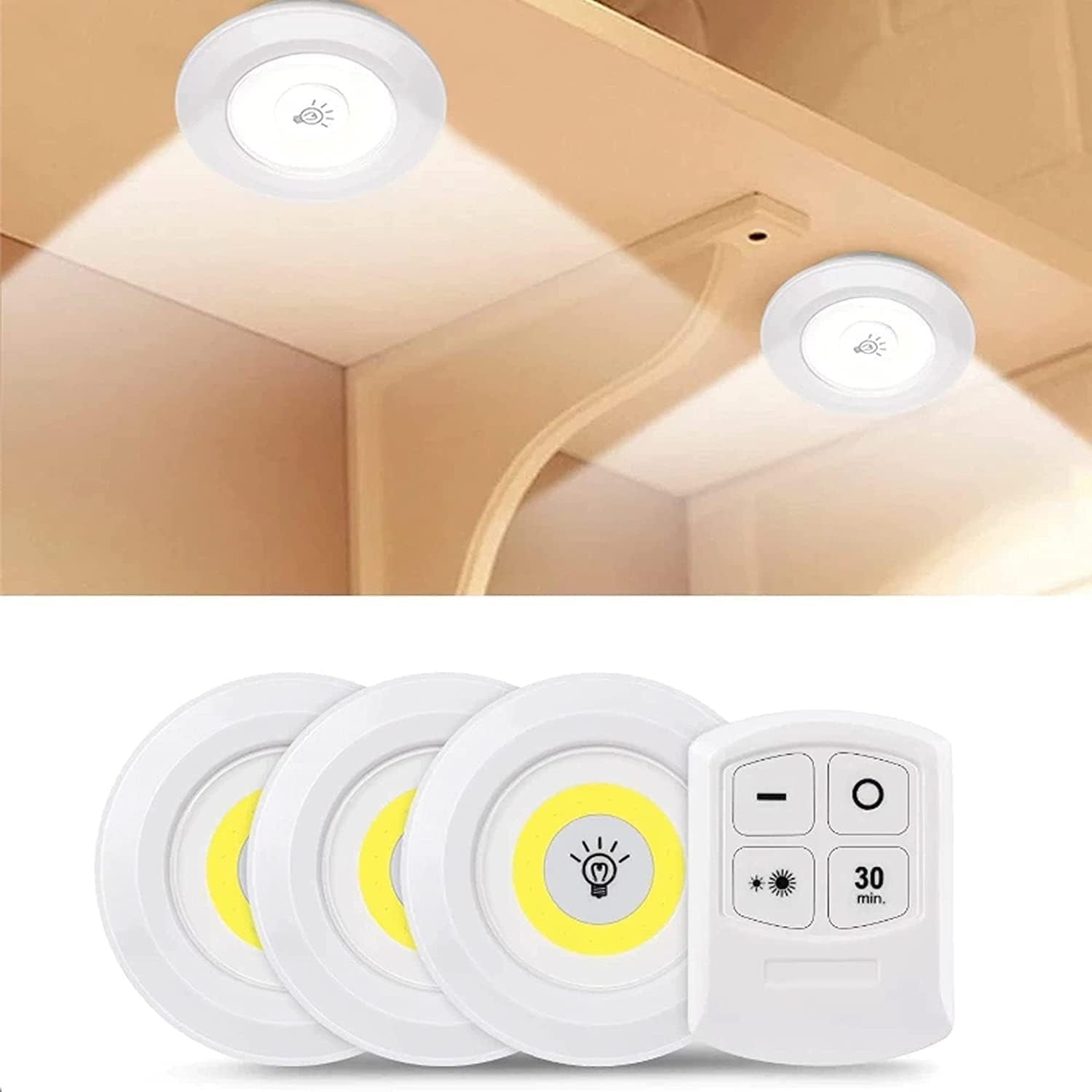 3 Luces LED Inalámbricas, Lampara LED Inalambrica con Control Remoto ideal para Hogar y Oficina, Adhesivas, Control de Intensidad y Temporizador, 100 lúmenes, 1W, Funciona con Pilas (No incluidas)