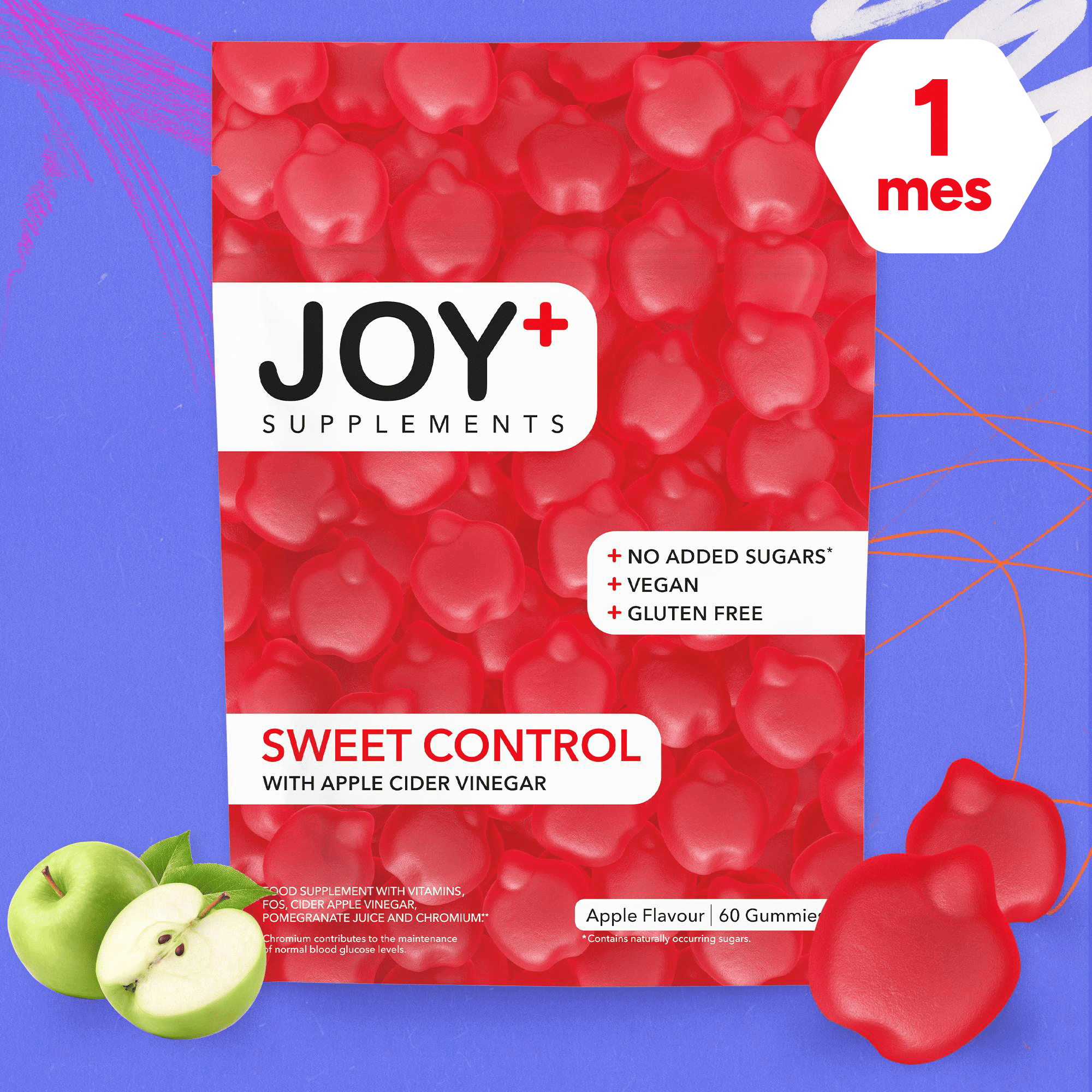 Gominolas para el Control de Glucosa con Vinagre de Manzana, Cromo, Ácido Fólico, Vitaminas B6 y B12, Sabor Manzana, 60 Gummies - Joy+ Supplements
