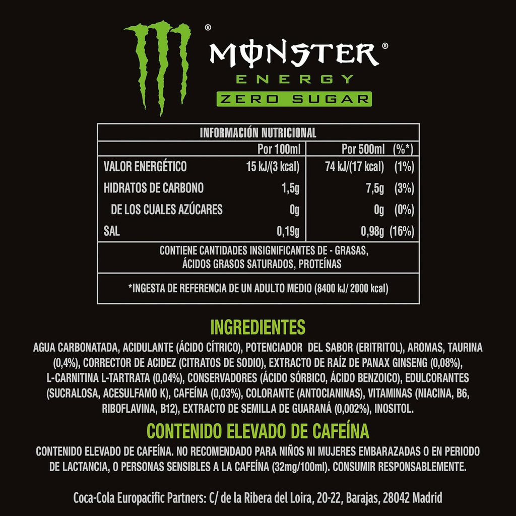 MONSTER ENERGY Zero Sugar Bebida Energética Sin Azúcar, 12 Latas de 500ml