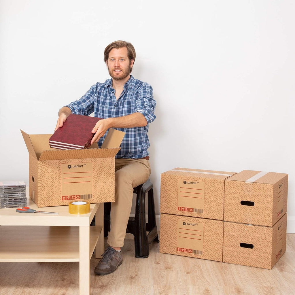 packer PRO Caja Cartón para Mudanzas y Almacenaje Ultra Resistentes con Asas, Fabricadas en Cartón Duro, Ideal para Mudanzas o Almacenaje de Libros y Ropa, Transporte Cómodo y Seguro gracias a las Asas Laterales