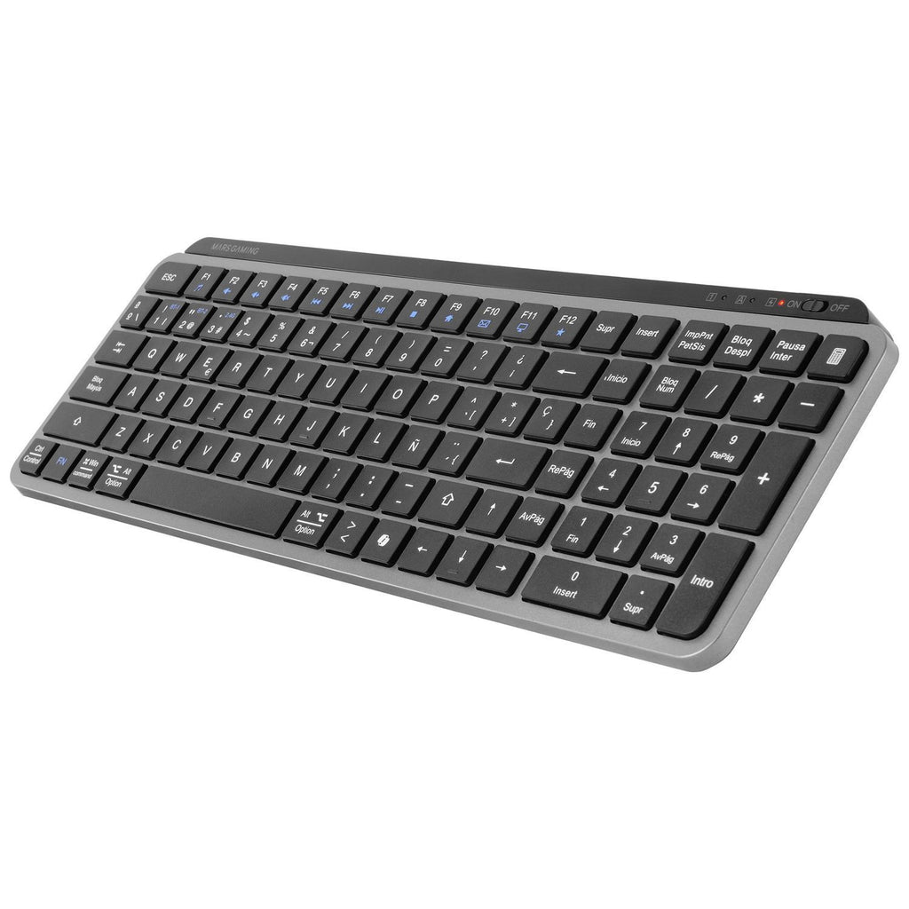 Mars Gaming MK-SILENKEYS, Teclado Inalámbrico Full-Format Compacto, Perfil Bajo, Switches Tijera Silenciosos, Tecla Copilot AI, Bluetooth 5.1 Dual + 2.4GPRO, Batería 200h, PC/Mac, Español, Negro