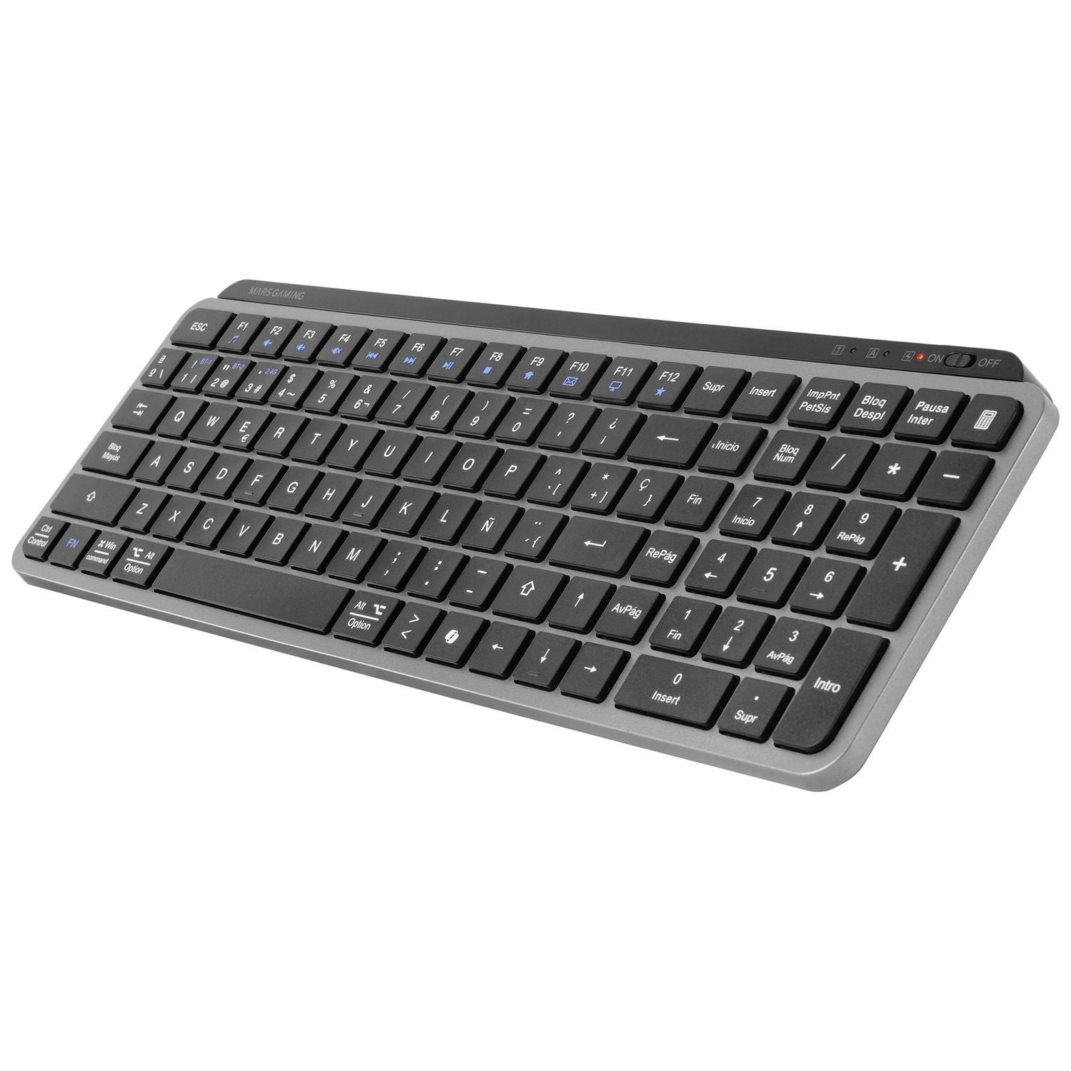 Mars Gaming MK-SILENKEYS, Teclado Inalámbrico Full-Format Compacto, Perfil Bajo, Switches Tijera Silenciosos, Tecla Copilot AI, Bluetooth 5.1 Dual + 2.4GPRO, Batería 200h, PC/Mac, Español, Negro