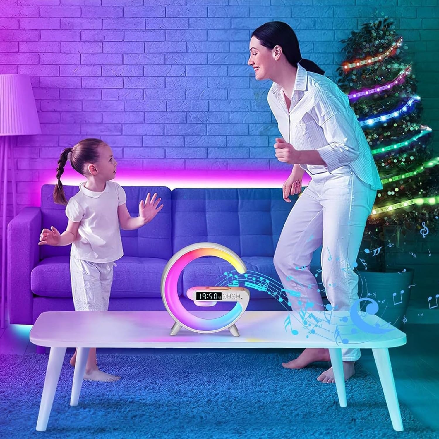 Lámpara Cargador Inalámbrico Multifunción para Smartphone, Altavoz Bluetooth, Reloj Despertador, Simulación de Amanecer y Sonido Natural para Dormir, 9 Modos de Iluminación RGB