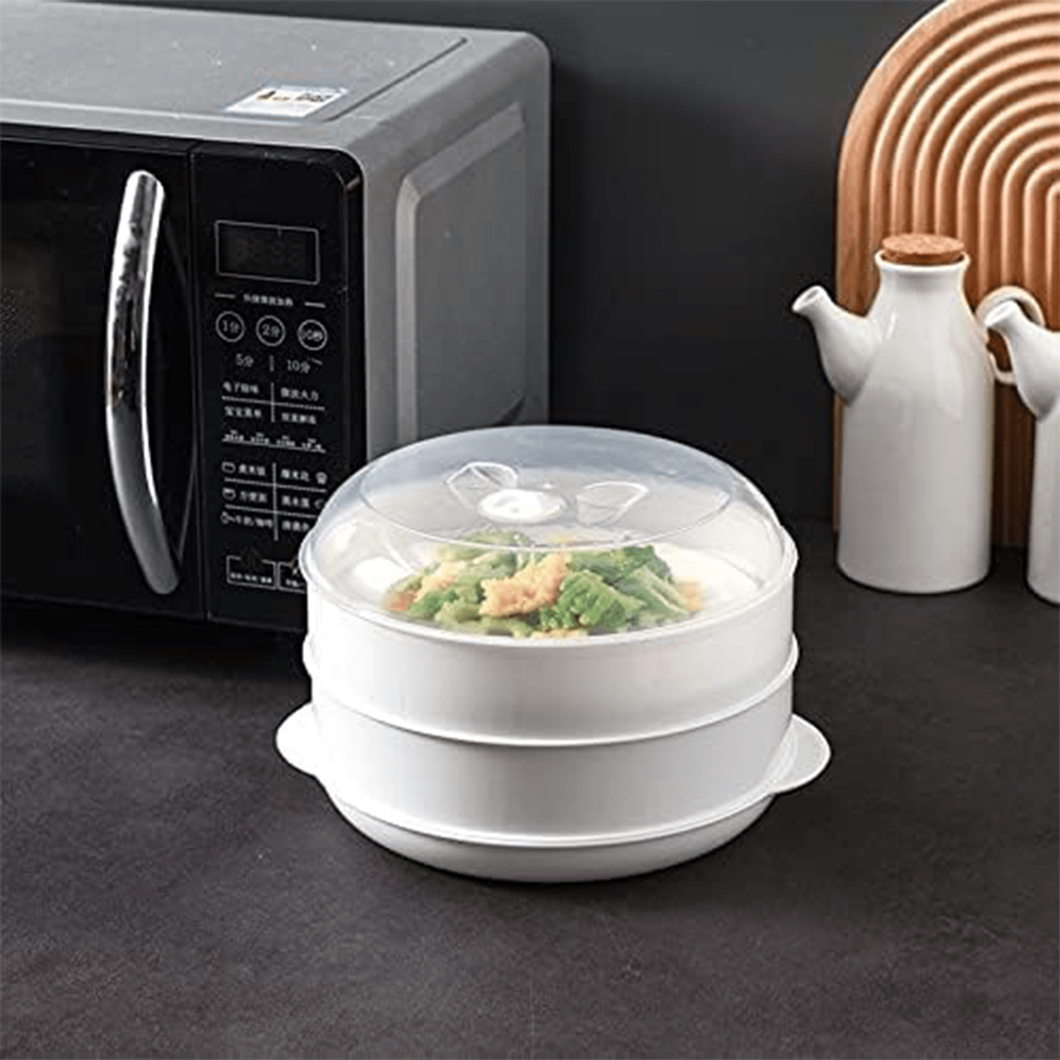 Vaporera Microondas, Cocina al Vapor en el Microondas sin Aceites y sin Grasa, Rápido y Fácil de Usar, Cocina Recetas Sanas en un Instante, Ideal para Verduras, Arroz y Pescado