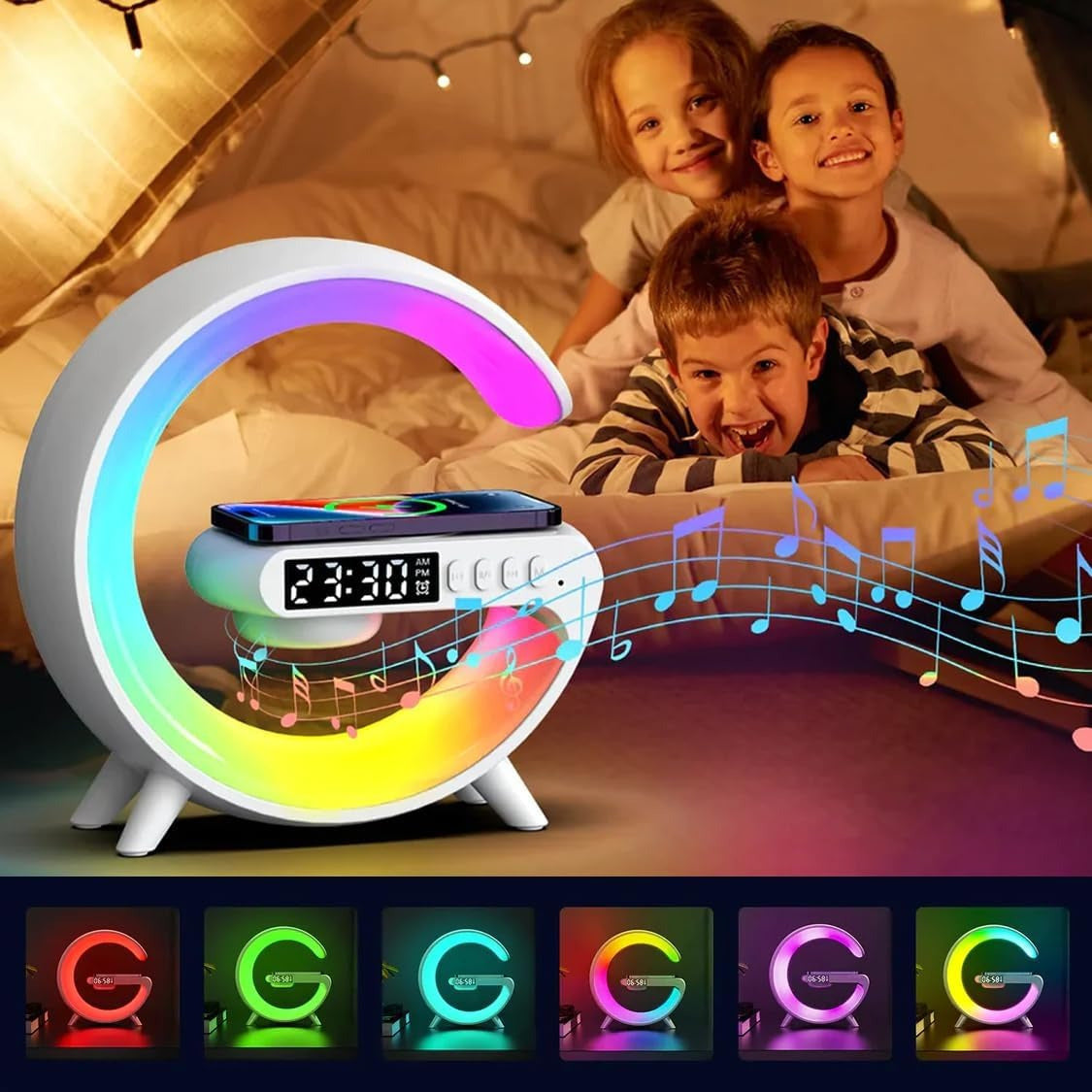 Lámpara Cargador Inalámbrico Multifunción para Smartphone, Altavoz Bluetooth, Reloj Despertador, Simulación de Amanecer y Sonido Natural para Dormir, 9 Modos de Iluminación RGB