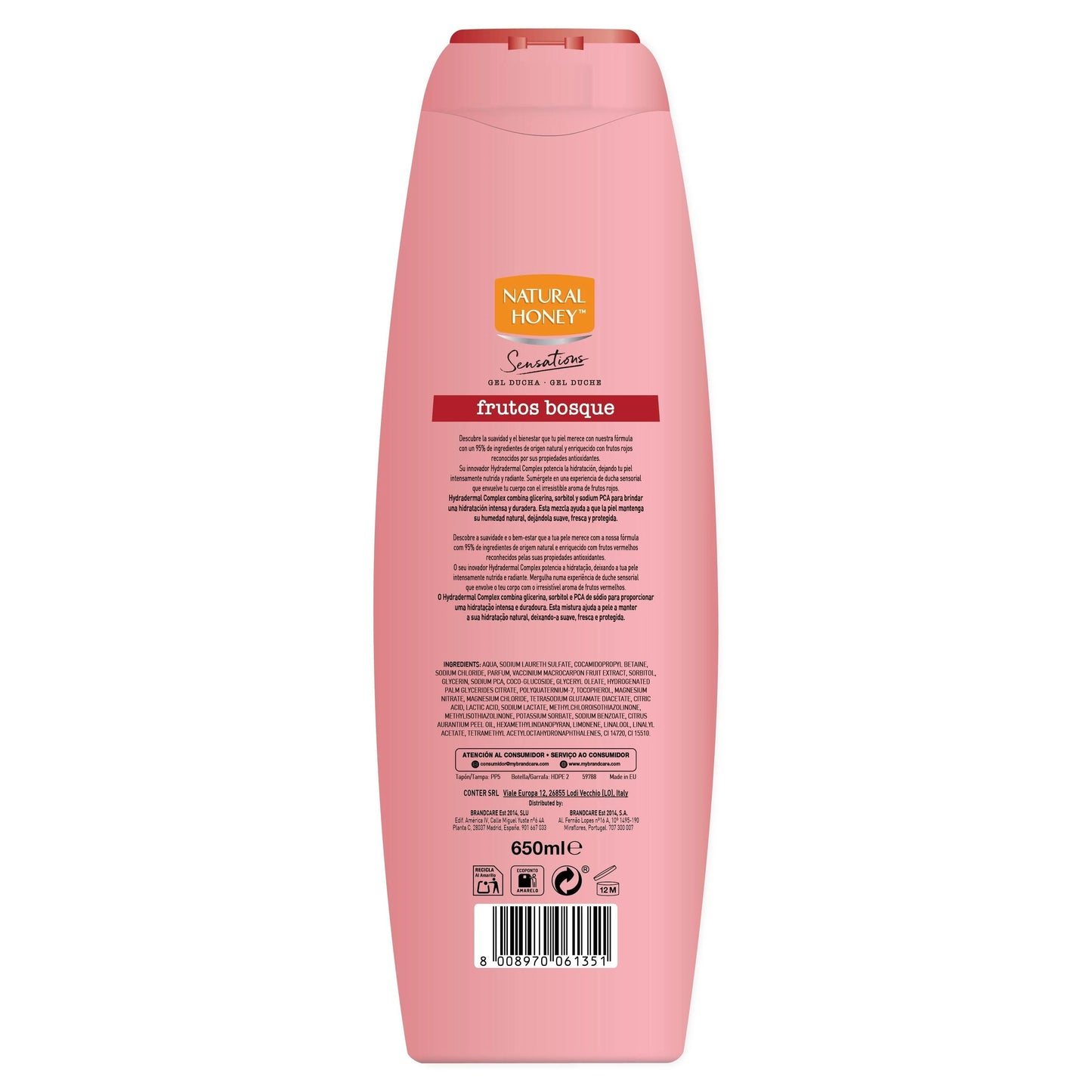 Natural Honey, Gel de Ducha de Frutas del Bosque con Hydradermal Complex, Tonifica y Suaviza para una Piel Suave, Fresca y Protegida, Línea Derma Care, 650 ml