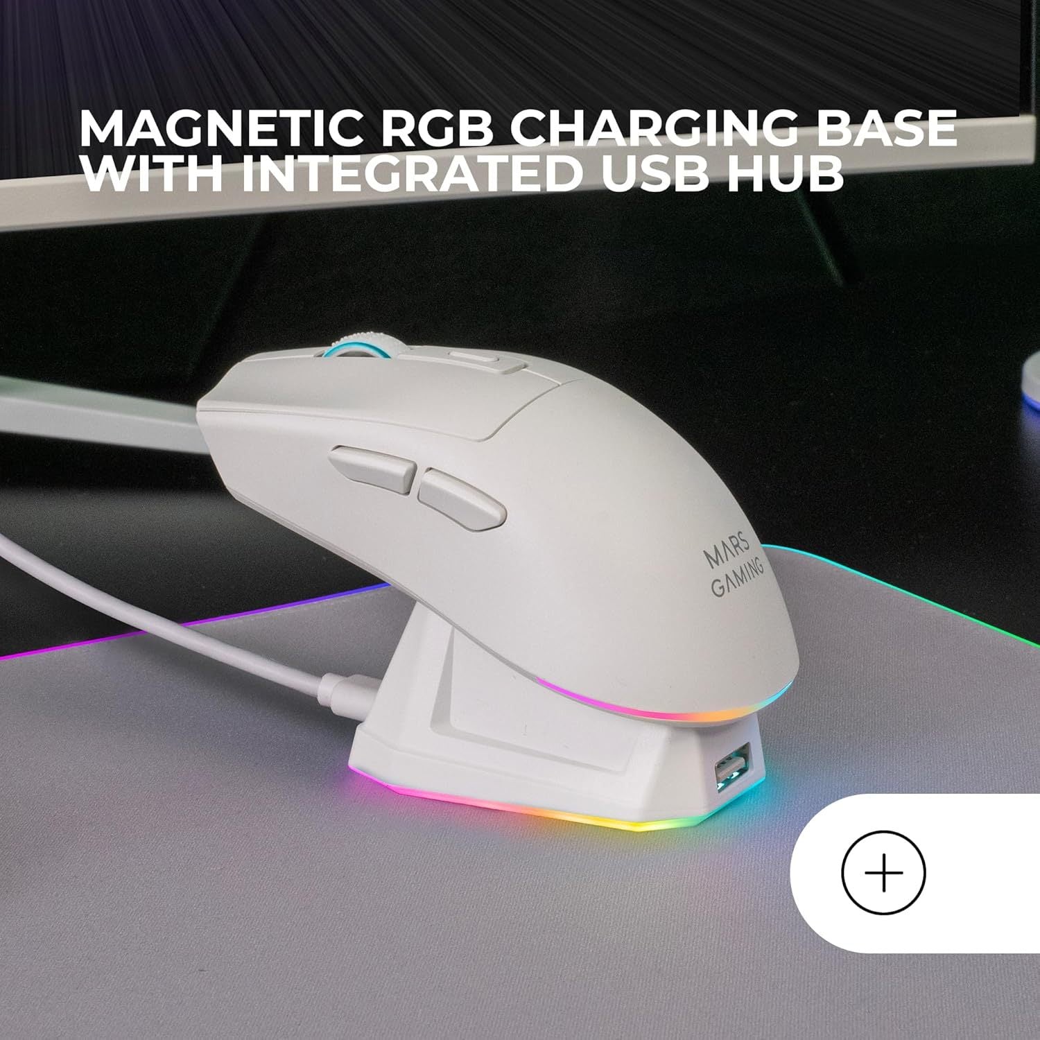 Mars Gaming MM-T3, Ratón Inalámbrico Ligero, Bluetooth 5.0 + 2.4GHz + Cable, Sensor Óptico PIXART PAW3104PRO 14400 dpi, Base de Carga Magnética RGB, Switches Huano, Software de Control, Blanco