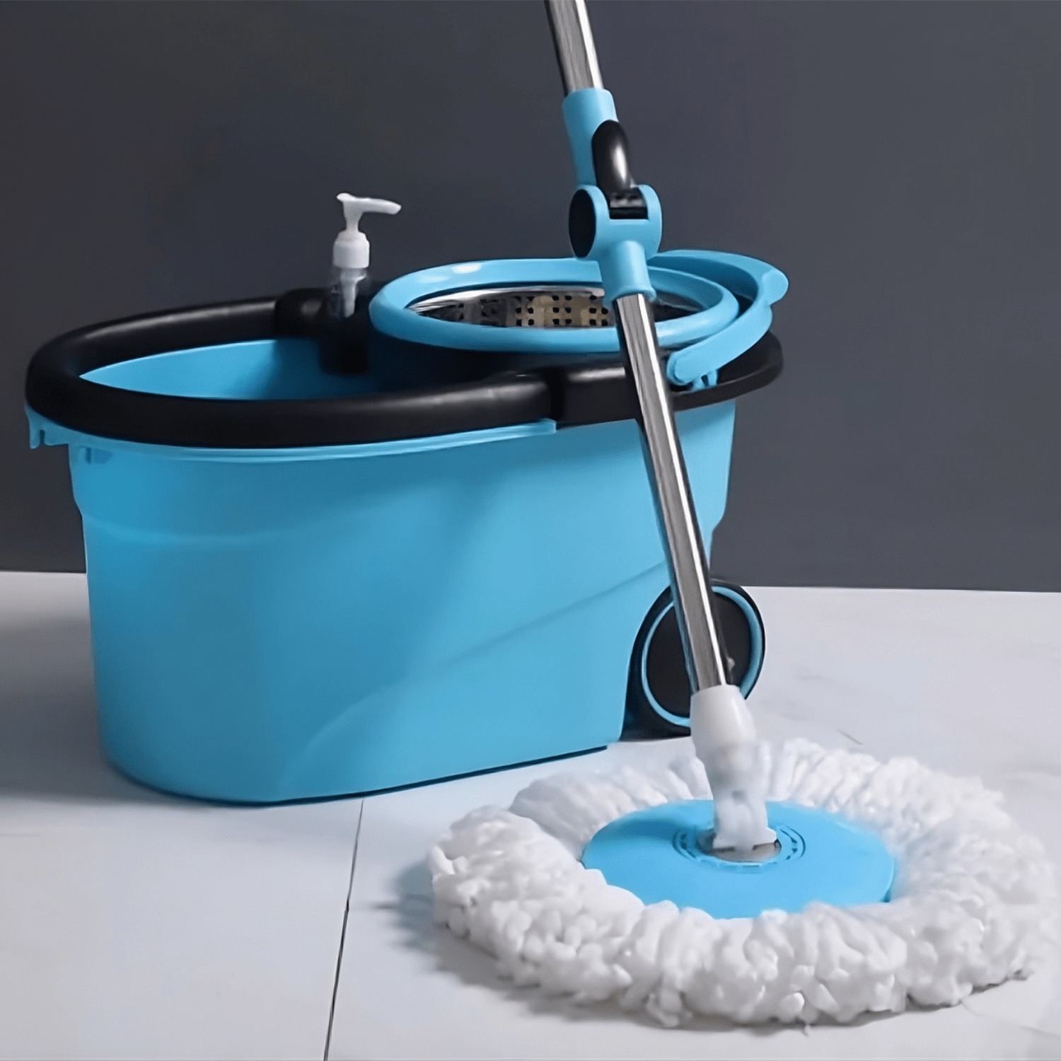 Mopas de Limpieza Suelo, Mopa Giratoria de Microfibra 360° con Cubo con Ruedas de 12L, Autoescurrido sin Esfuerzo, Gran Poder de Absorción, Fácil de Usar, Uso en Seco y Mojado, para Todo Tipo de Superficies, con Palo de Acero Regulable