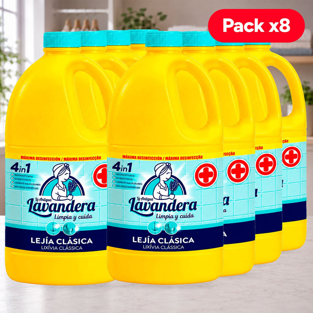 La Antigua Lavandera Lejía Clásica para Limpieza de Múltiples Superficies, Pack de 8 Botellas de 2L Cada Una, 16L en Total