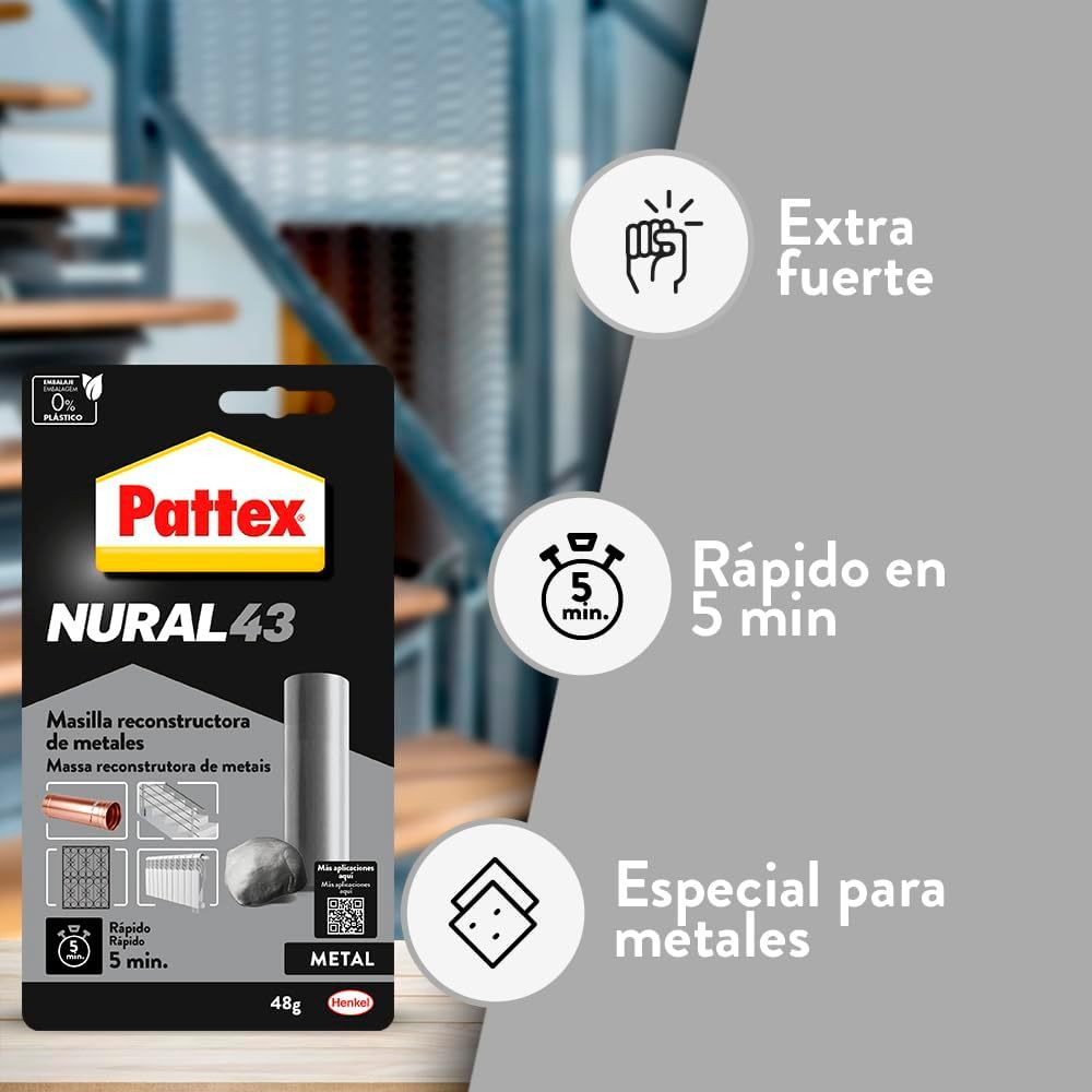 Pattex Nural 43 Masilla Reconstructora de Metales, Masilla Adhesiva para Restaurar Piezas Metálicas, Masilla Gris para Grietas, Agujeros, Fisuras y Uniones, 48g