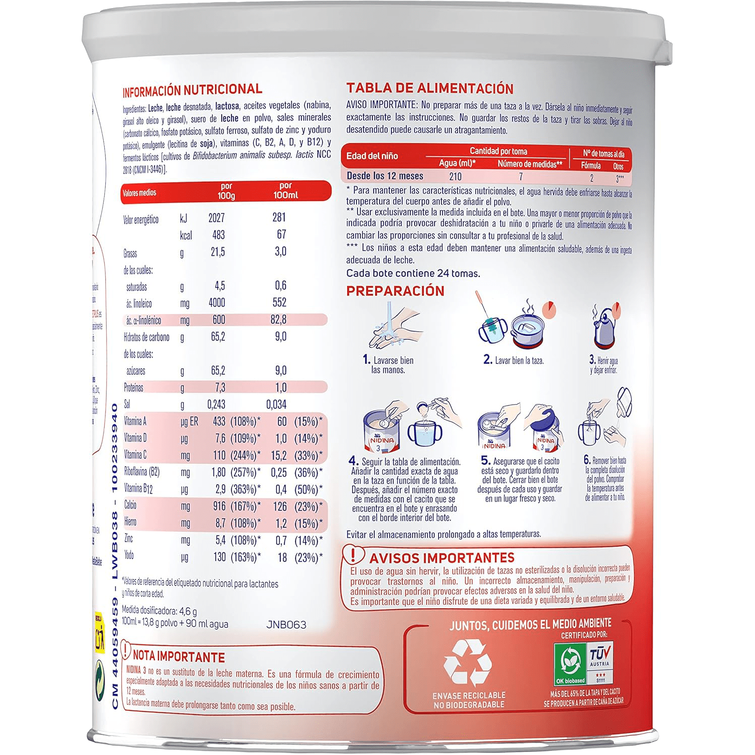 Nestlé NIDINA 3 Leche en Polvo Bebé, Leche de Credimiento indicada para Bebés desde los 12 Meses, Contiene Bífidus Lactis, DHA, Hierro, Zinc y Vitaminas A, C y D, 800g por Bote