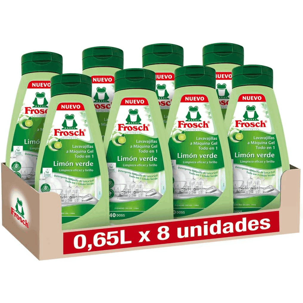 Frosch Lavavajillas Líquido para Máquina, Todo en 1 con Limón Verde, Limpieza y Brillo, Sin Microplásticos, 40 Dosis, Pack de 8 Unidades de 650 ml, 5.2 L en Total
