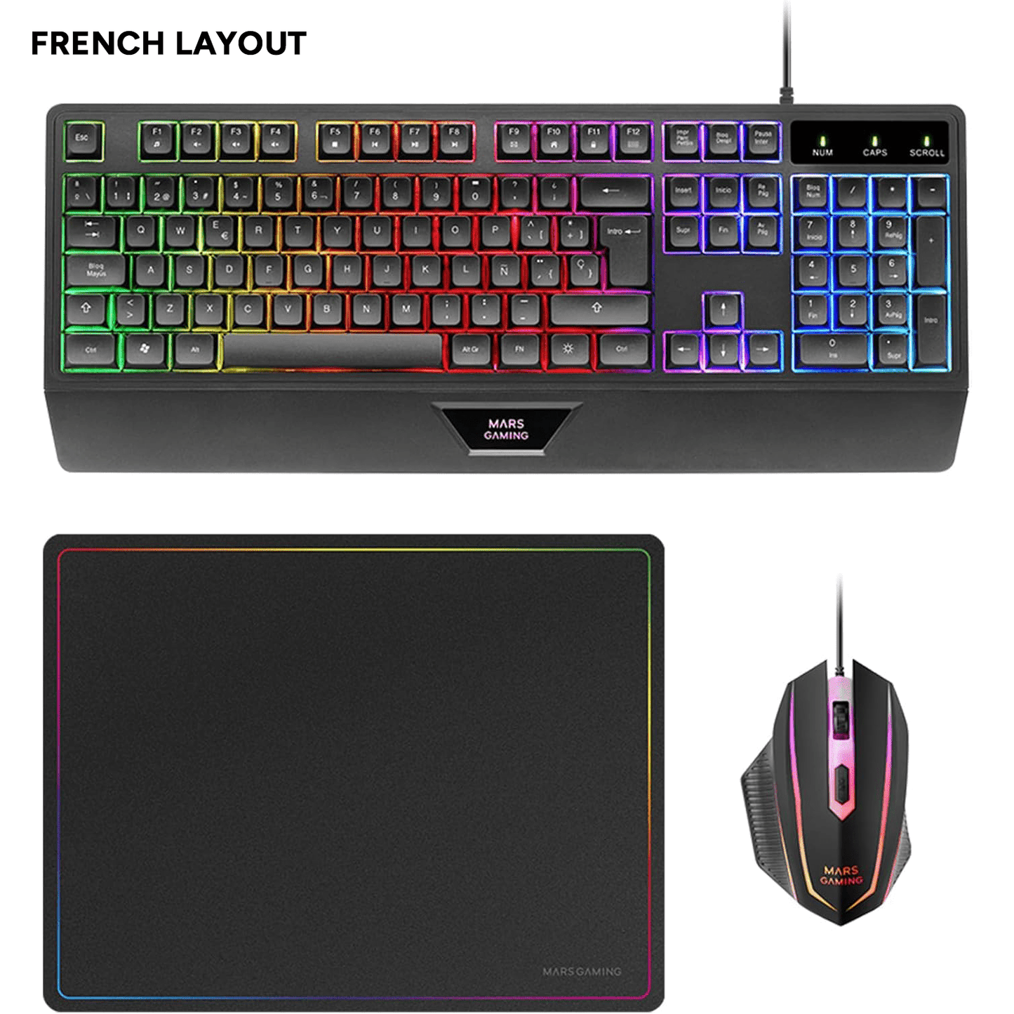 Mars Gaming MCP124, Combo Gaming 3en1, Teclado Ergonómico H-Mech LED RGB, Ratón RGB 3200DPI Switches HUANO, Alfombrilla Nanotextil 360x260mm, Compatibilidad Multiplataforma, Layout Francés, Negro