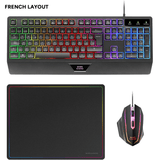 Mars Gaming MCP124, Combo Gaming 3en1, Teclado Ergonómico H-Mech LED RGB, Ratón RGB 3200DPI Switches HUANO, Alfombrilla Nanotextil 360x260mm, Compatibilidad Multiplataforma, Layout Francés, Negro